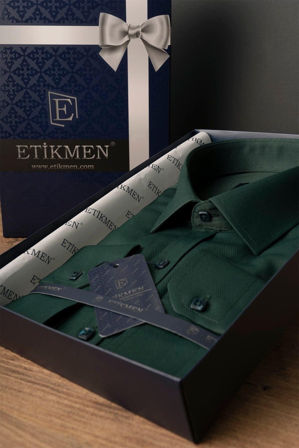 Etikmen Kına Yeşili Kare Düğmeli Slimfit Hediye Kutulu Erkek Gömlek