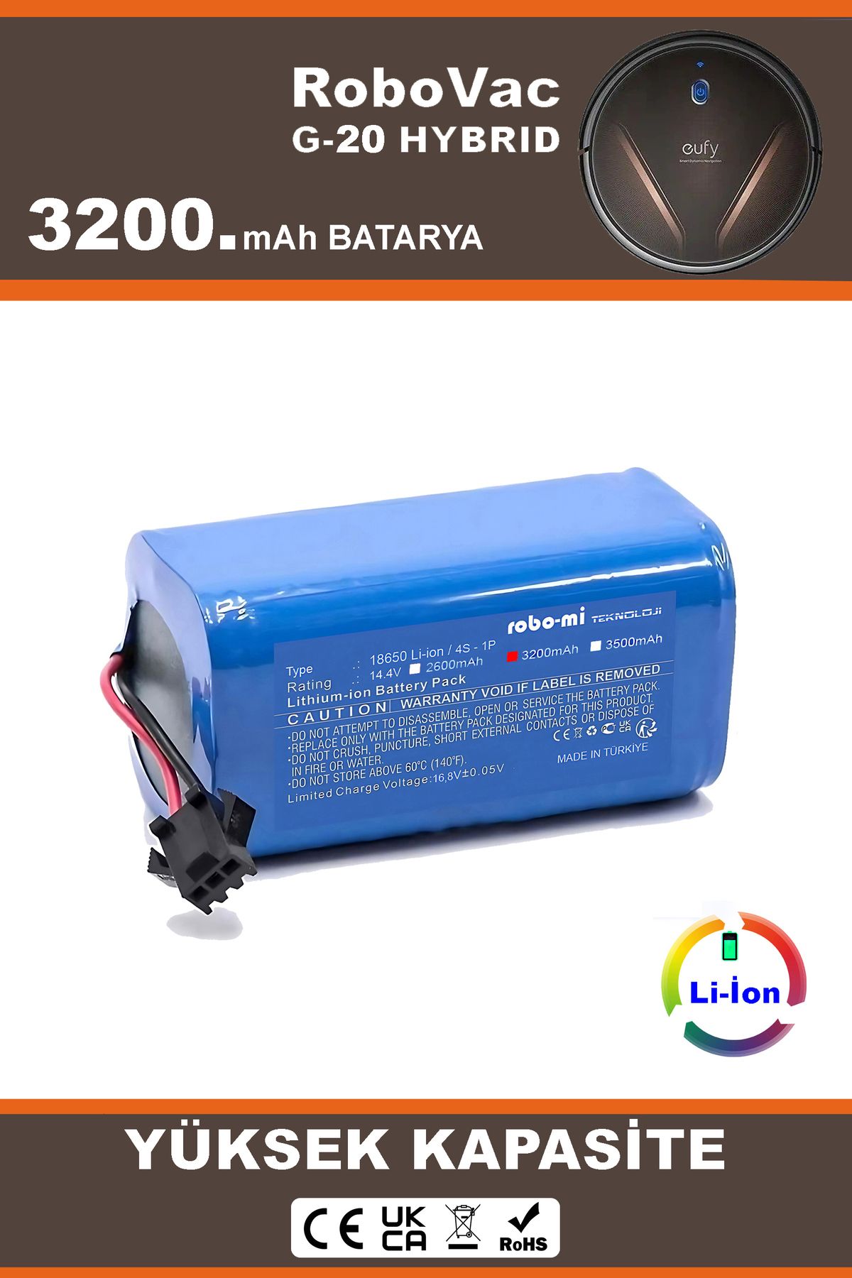 robo-mi Robovac G-20 Hybrid 3200mAh Robot Süpürge Bataryası - Gerçek Kapasite