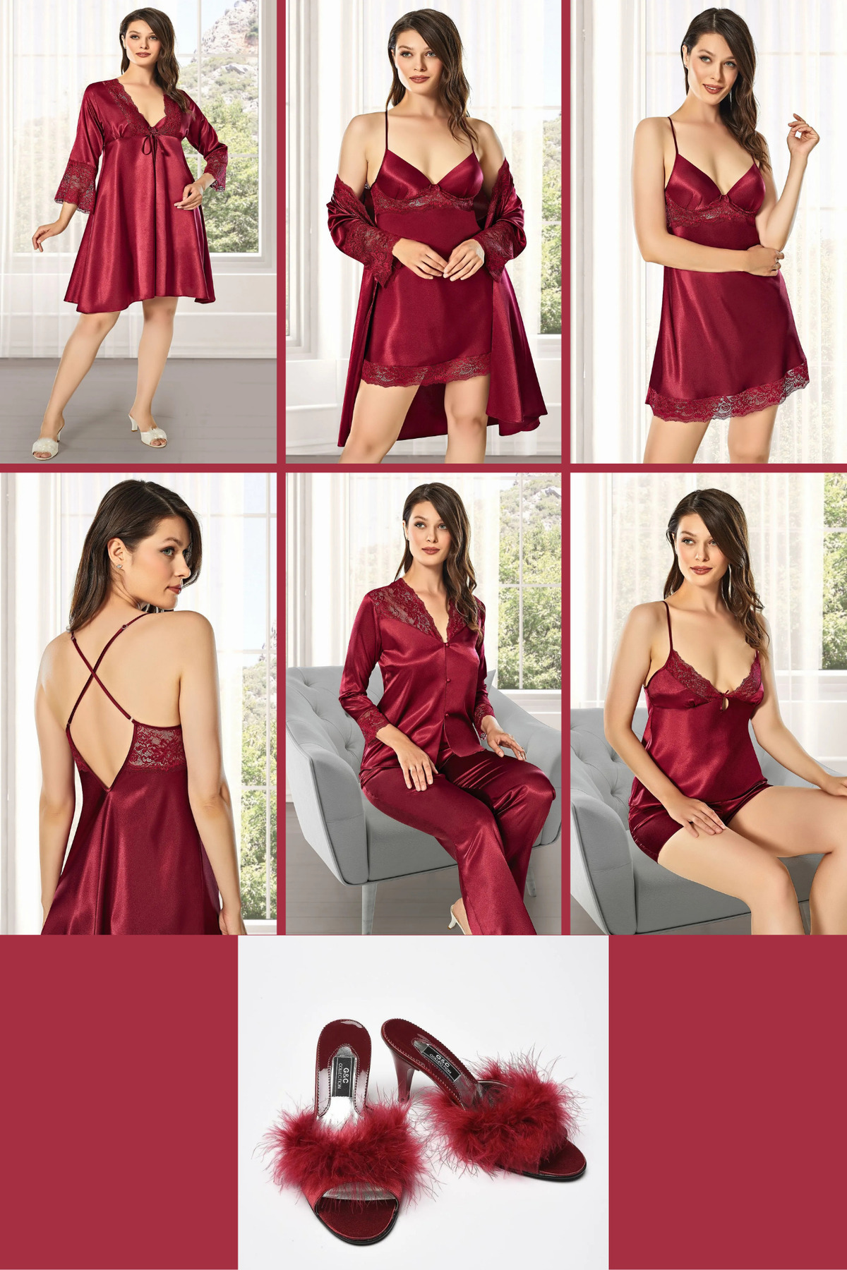 mdm style Kadın Bordo Saten Çeyiz Seti 6 Parça Dantelli Sabahlık Gecelik Pijama Şortlu Tk.+Terlikli çeyiz seti