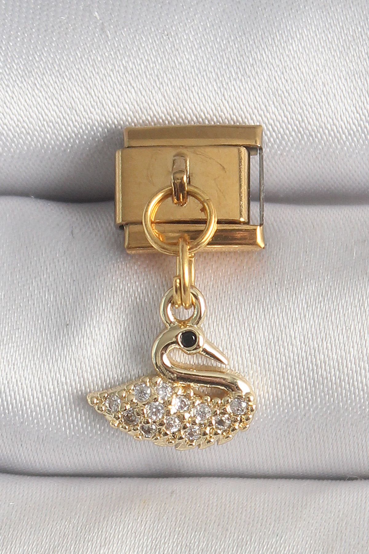 NEZADE STORE 316L Çelik Gold Renk Sallantı Zirkon Taşlı Kuğu Model Nomination Charm - TJ-BC1359
