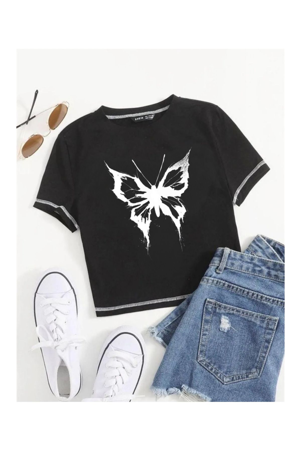 Touz Moda Gothic Butterfly Baskılı Ters Dikiş Siyah Crop