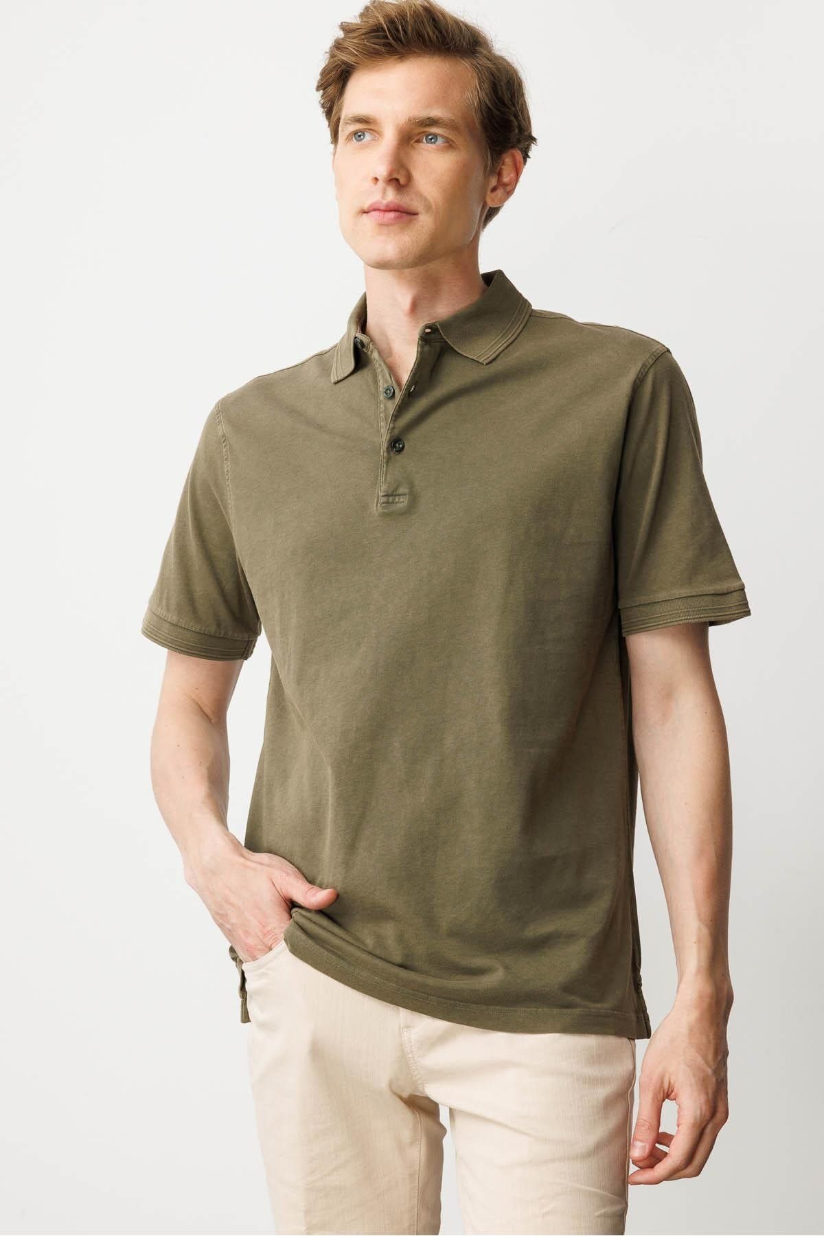 Desen Triko Erkek Polo Yaka T-shirt Haki