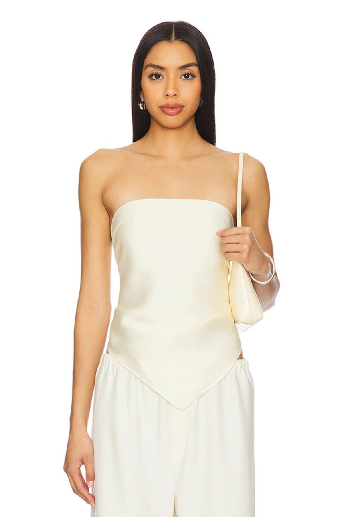 AFR CLOTHES KADIN KREM SATEN KUMAŞ STRAPLEZ CROP TOP