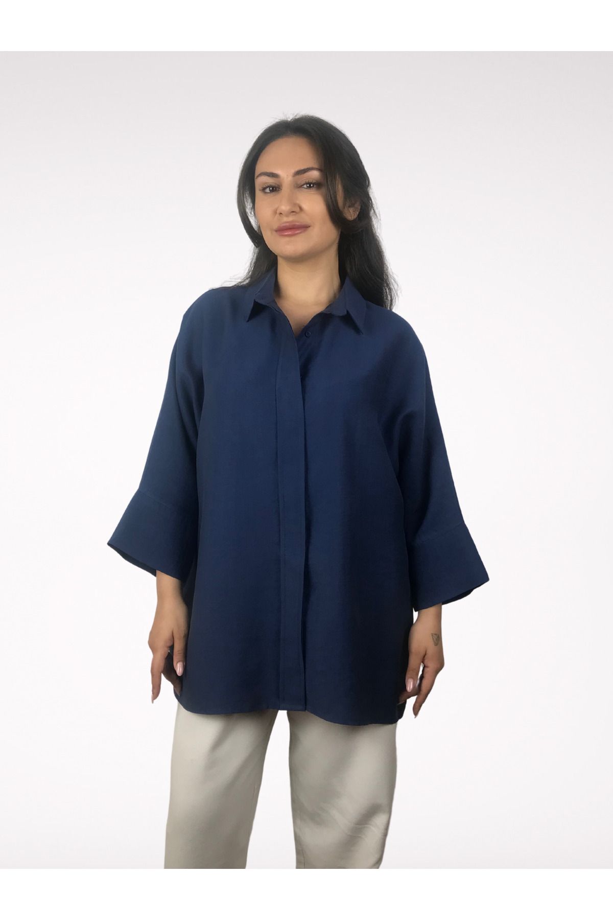 Bevel Band Kadın Salaş Kesim Fakir Kol Tencel/Lyocell Gömlek