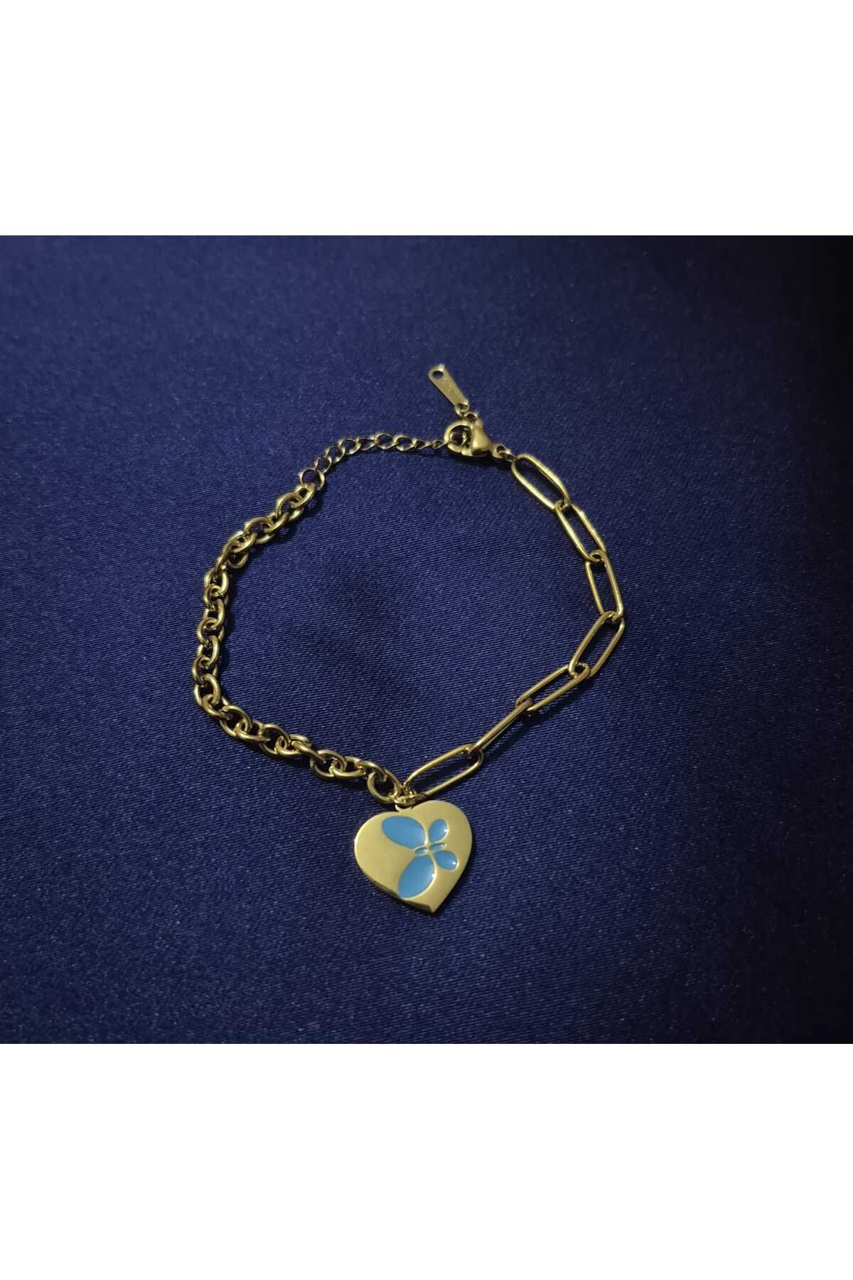 BYB&N STORE Gold Renk Kelebek Figürlü Kalp Detaylı Çelik Bileklik