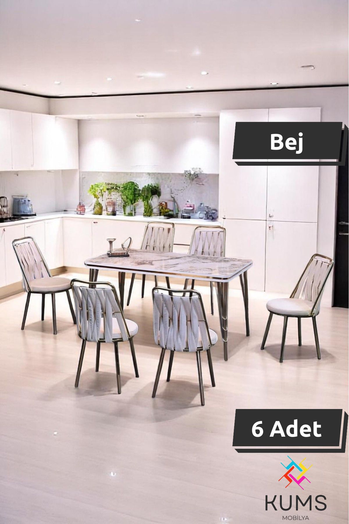 KUMS Violet Sarmaşık Masa Sandalye Takımı – 80 x 140 Beyaz Mermer Sabit Masalı, 6 Kişilik,