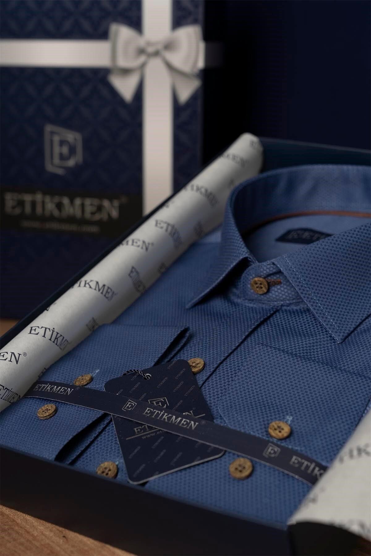 Etikmen İndigo Kahve Düğmeli Slimfit Hediye Kutulu Erkek Gömlek