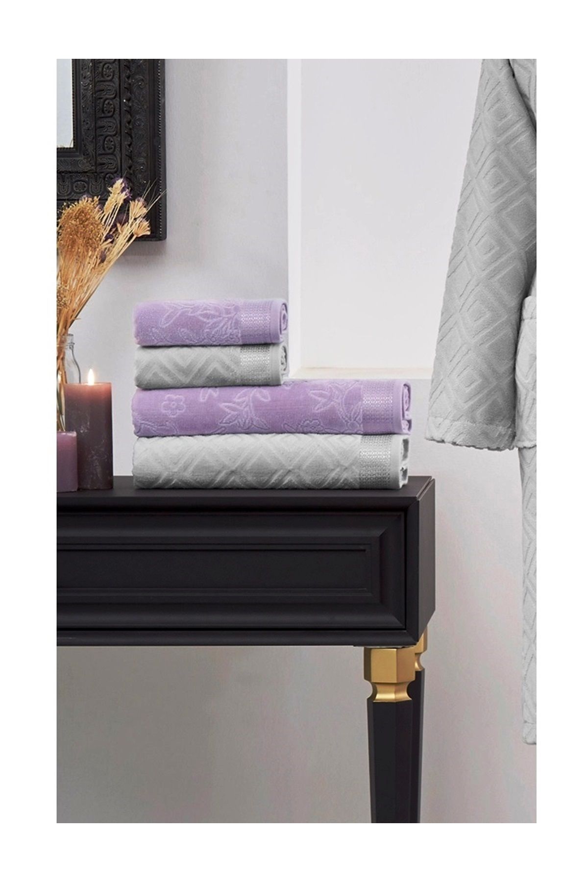 Özdilek Özdilek 4 Parça Best Hamam Seti, Banyo Havlu Takımı-Pastoral K.Lila Gri