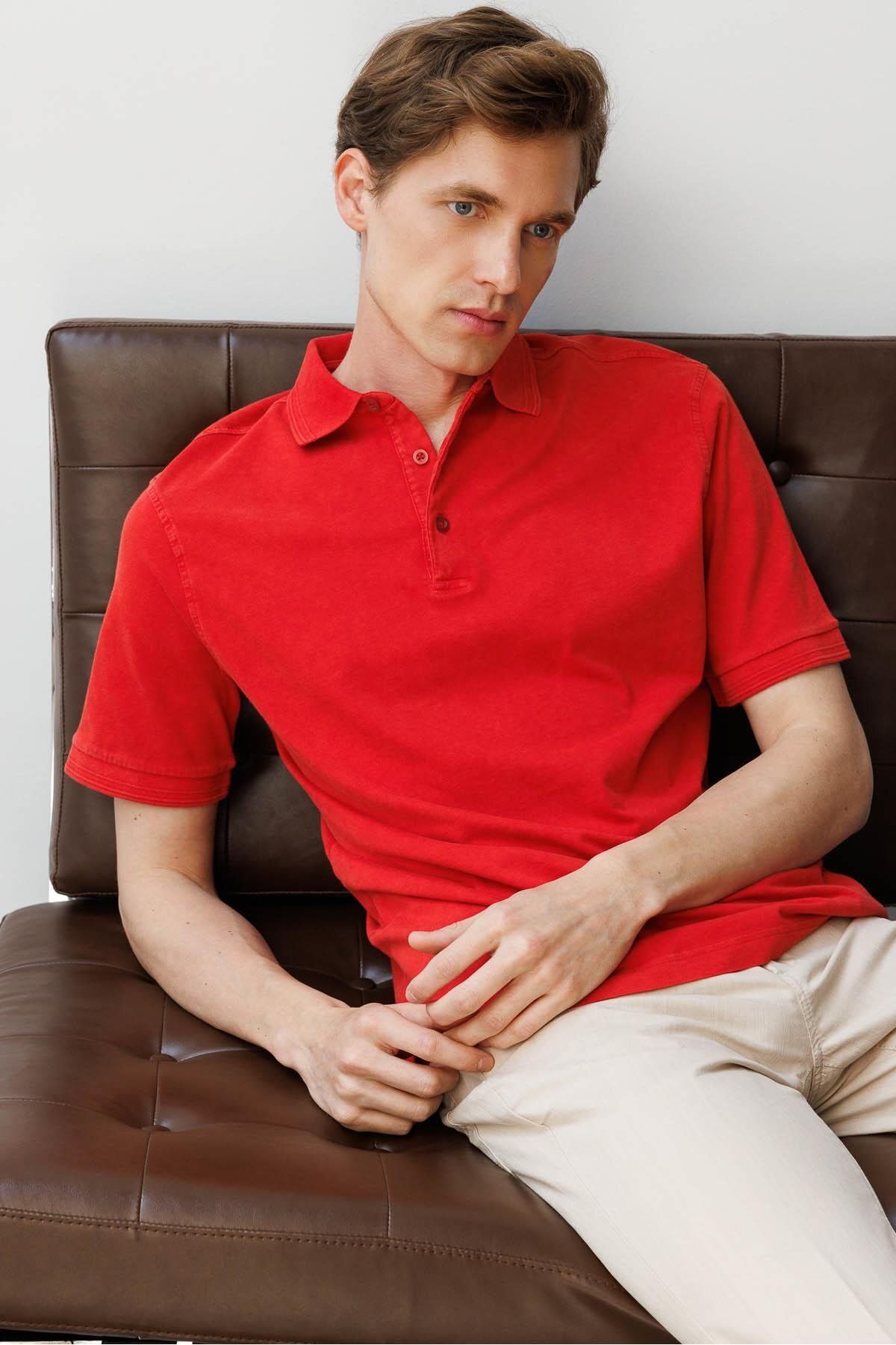 Desen Triko Erkek Polo Yaka T-shirt Kırmızı