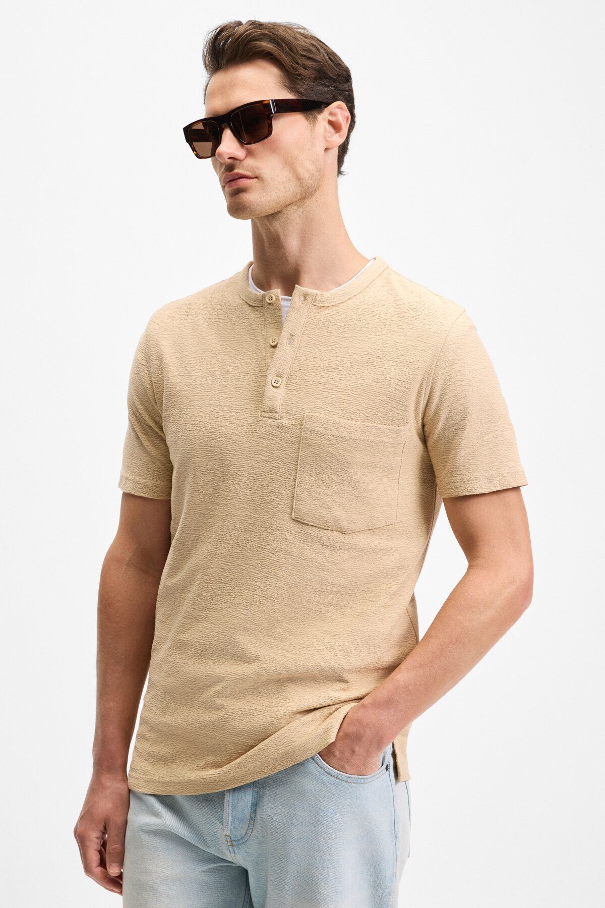 GRIMELANGE-Ermac Men's Judge Collar Buttoned Short Sleeve Beige T-Shirt 3