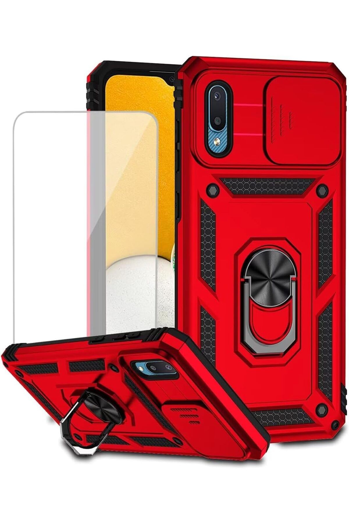 Rivor Samsung Galaxy A02 Kılıf Kamera Sürgülü Standlı Yüzüklü Darbe Emici Zırhlı Koruyucu Tank Kapak
