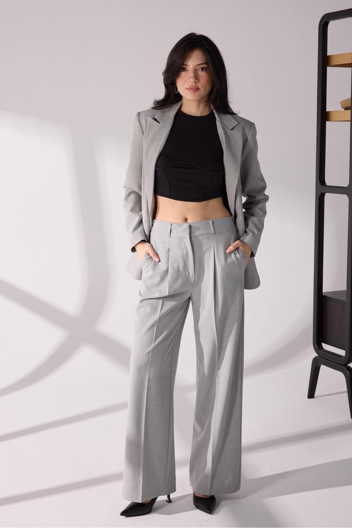 KASSEL Kruvaze Blazer takım Gri