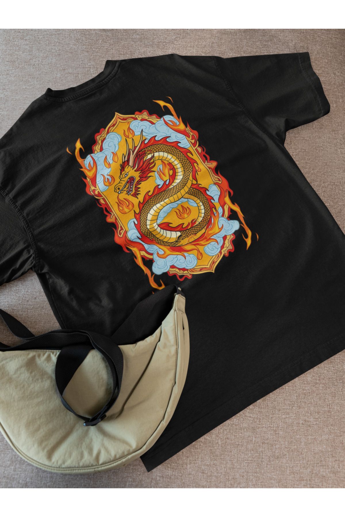 Lyonis Erkek Oversize Ejderha Baskılı Bisiklet Yaka Penye T-Shirt