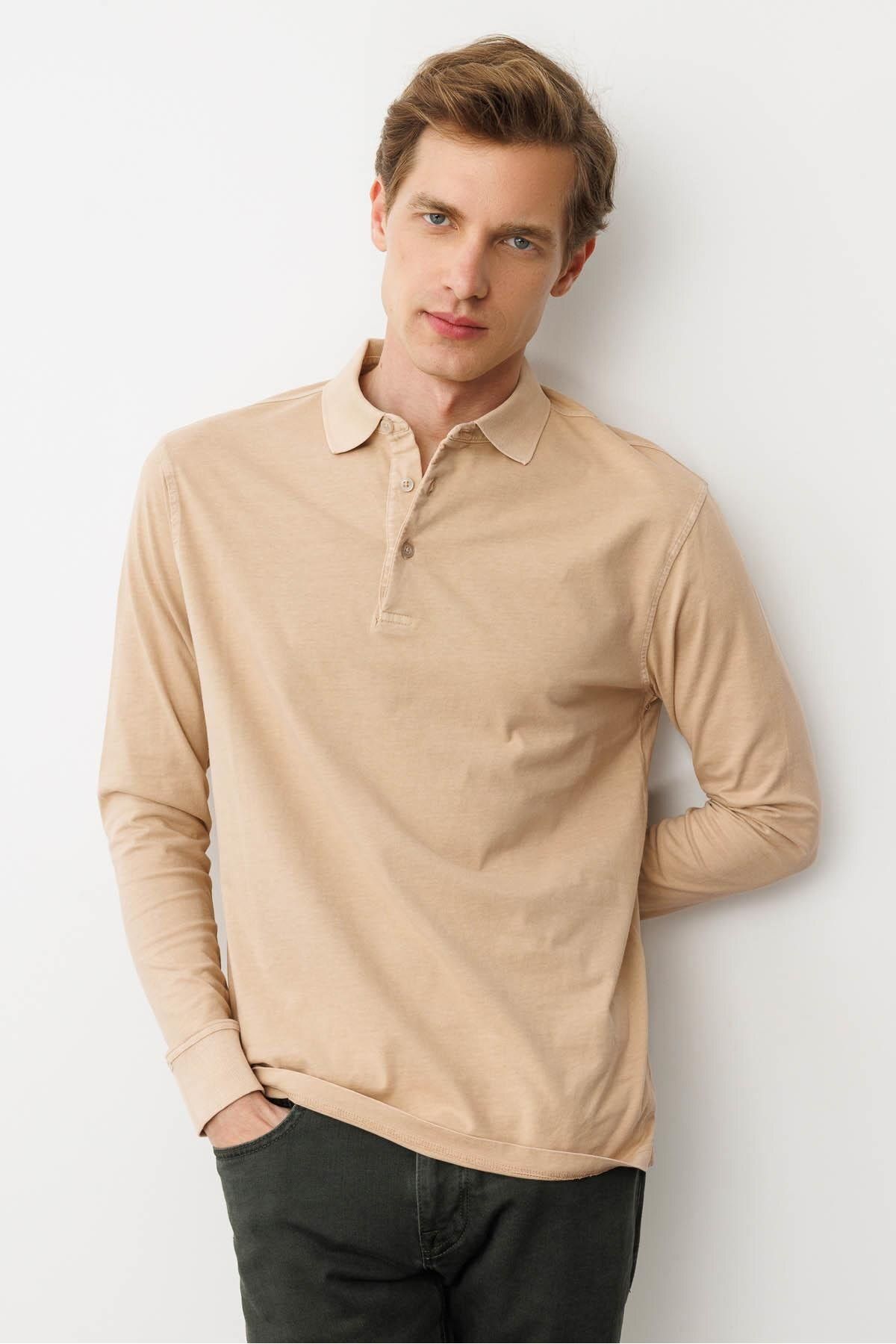 Desen Triko Erkek Polo Yaka Uzun Kollu Sweatshirt K.Bej