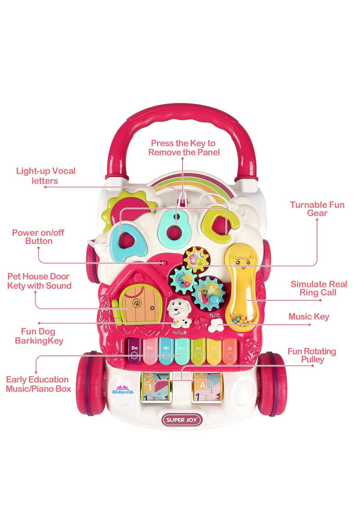 hediyecik 4'ü 1 Arada Bebek İlk Adım Arabası Fonksiyonlu Yürüteç,Aktivite Merkezi ,Yürüme Arkadaşı Pembe 43 Cm fotoğrafı 2 (önizleme)