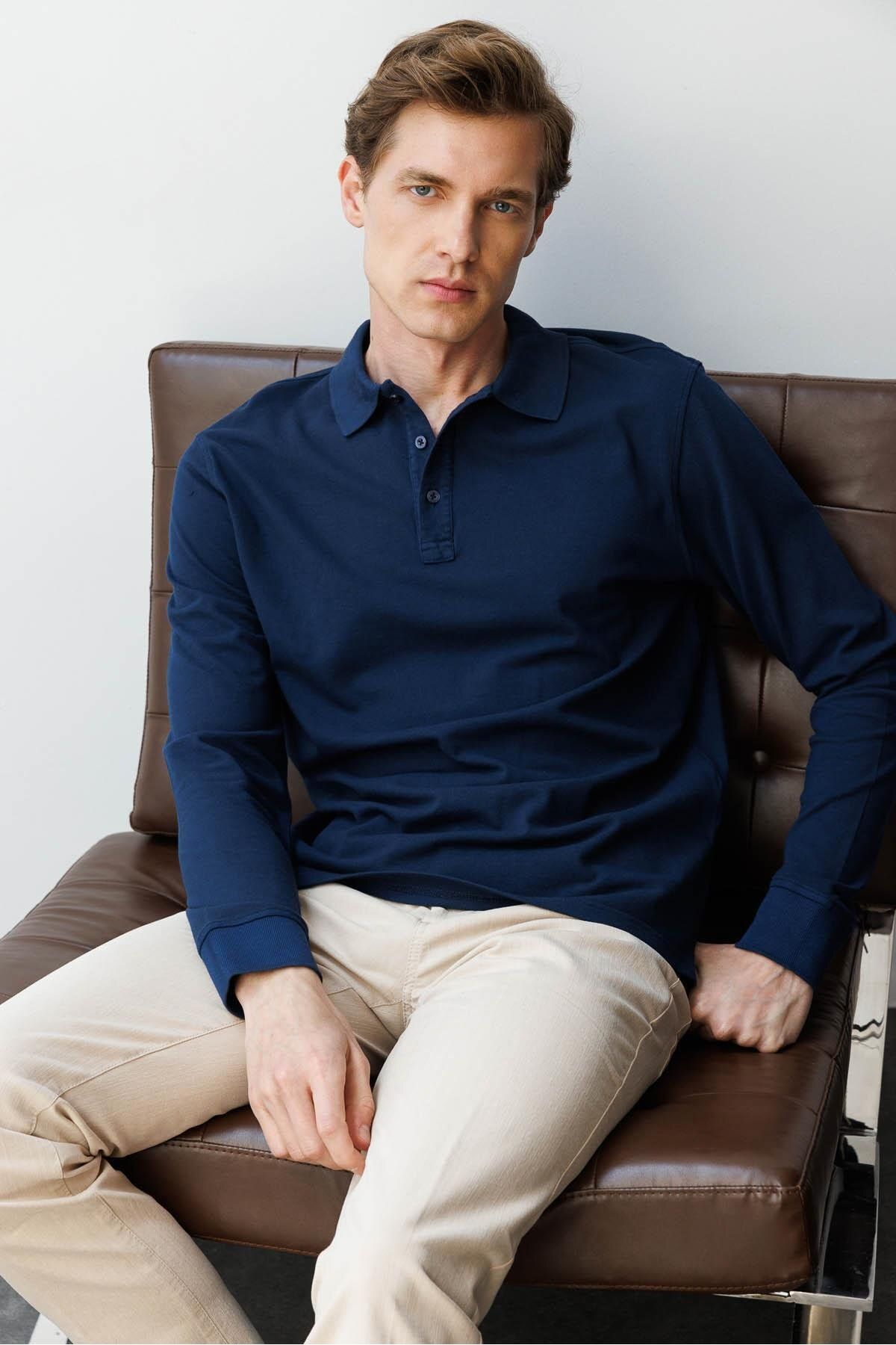 Desen Triko Erkek Polo Yaka Sweatshirt Lacivert