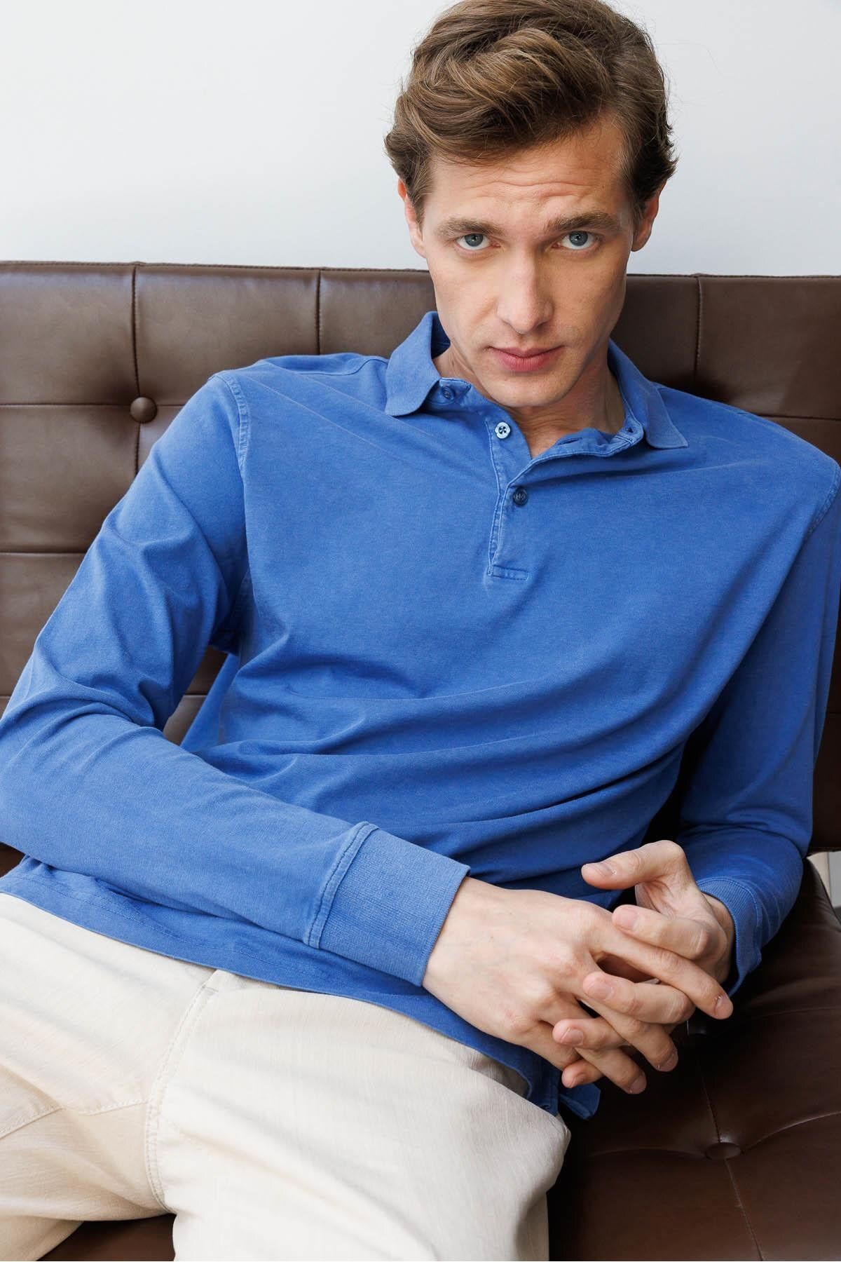 Desen Triko Erkek Polo Yaka Uzun Kollu Sweatshirt Saks