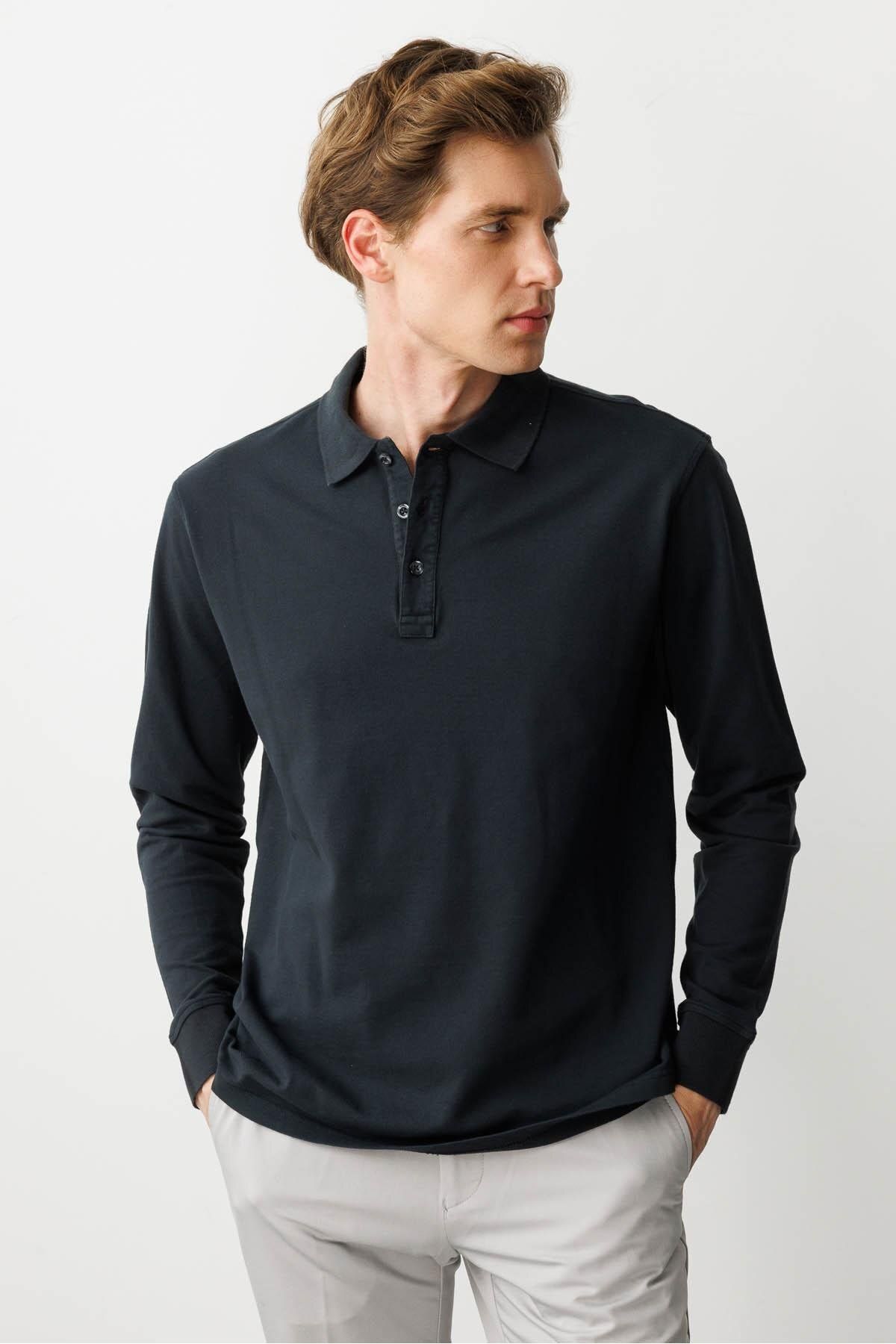 Desen Triko Erkek Polo Yaka Sweatshirt Füme