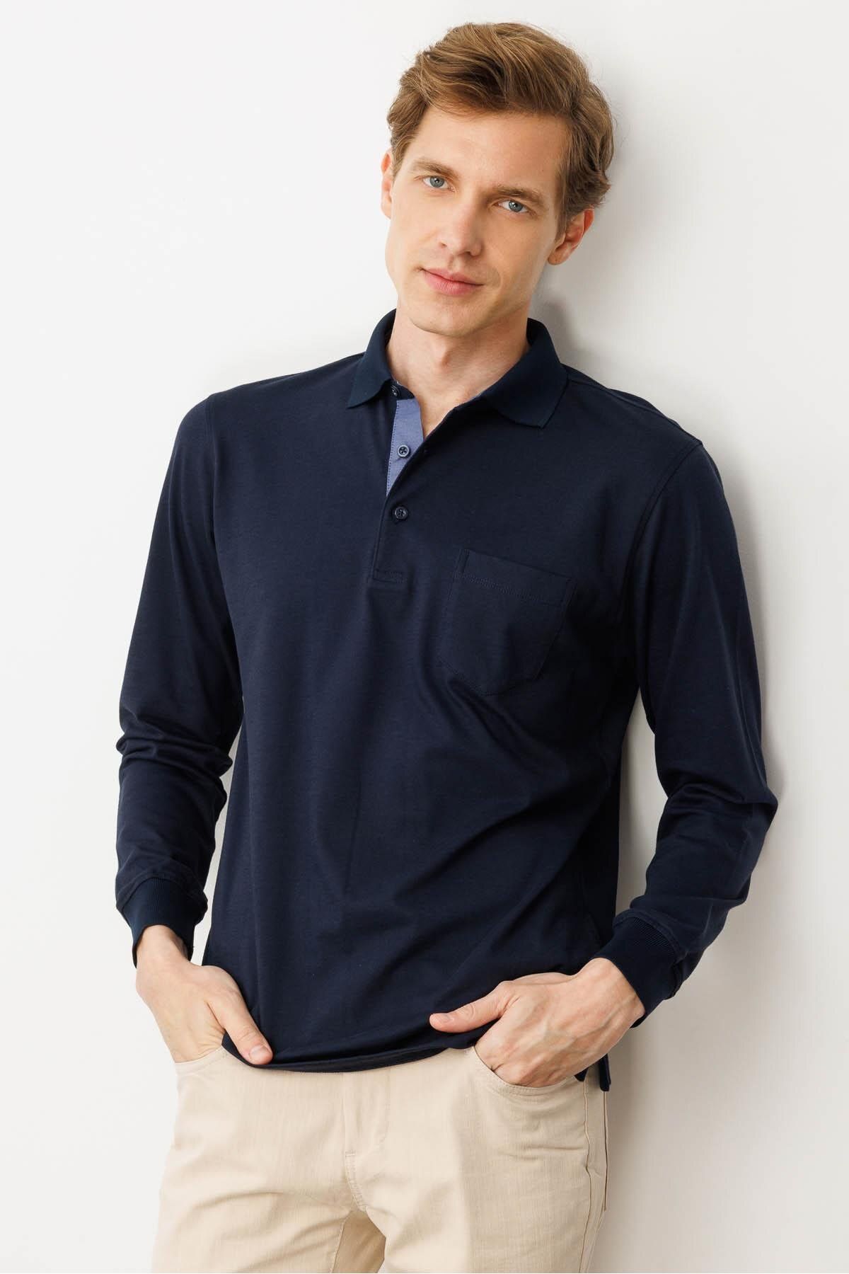 Desen Triko Erkek Polo Yaka Pike Dokuma Sweatshirt K.Lacivert