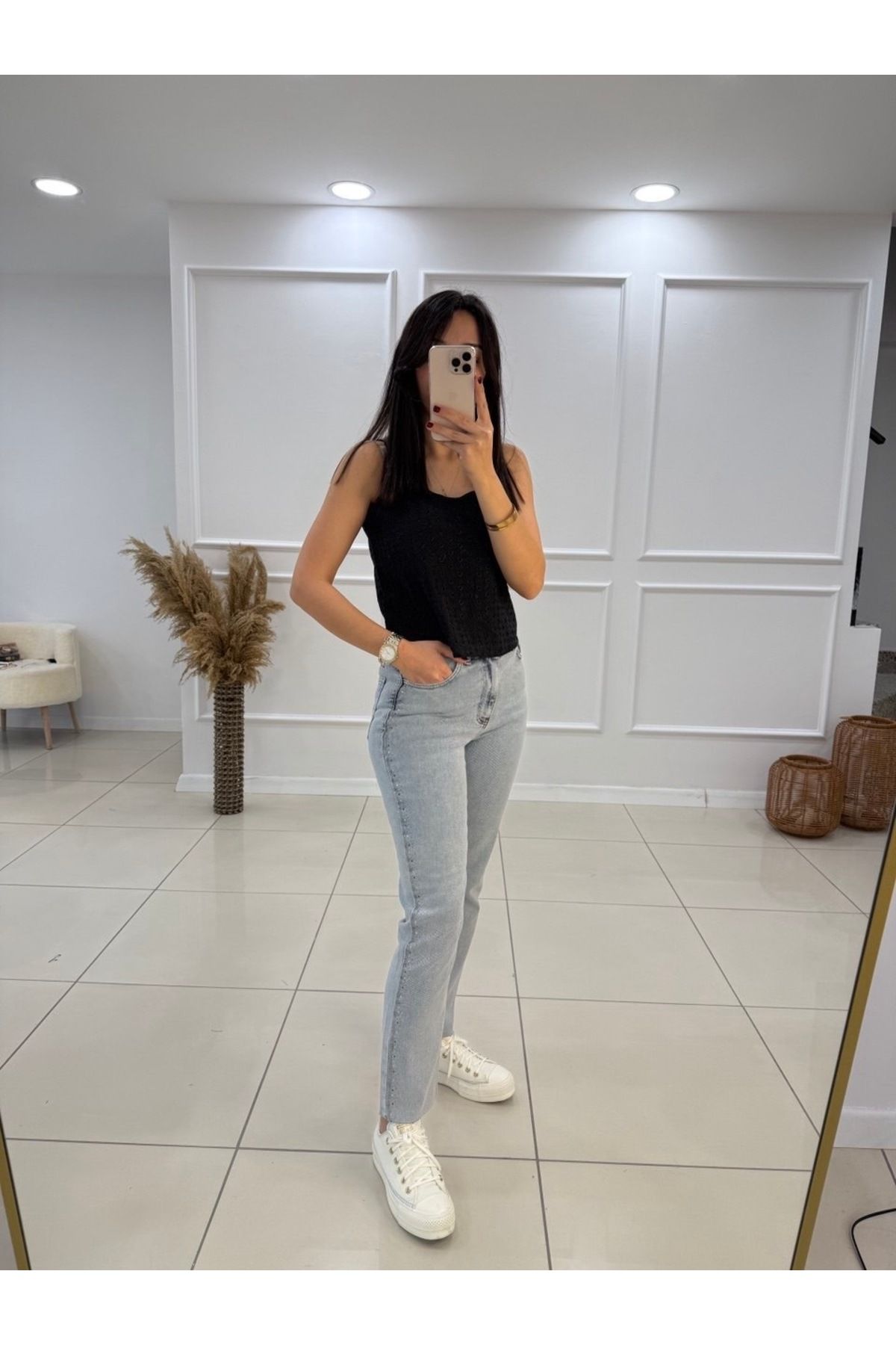 Butik Şerit Taşlı Mom Fit