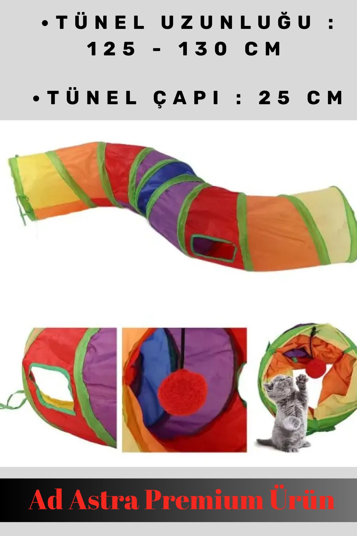 grey cat Trend Ürün Kedi Köpek Oyun Tüneli 125 cm Çap 25 cm Eğlenceli Kaliteli Zaman Mutlu Can Dostları