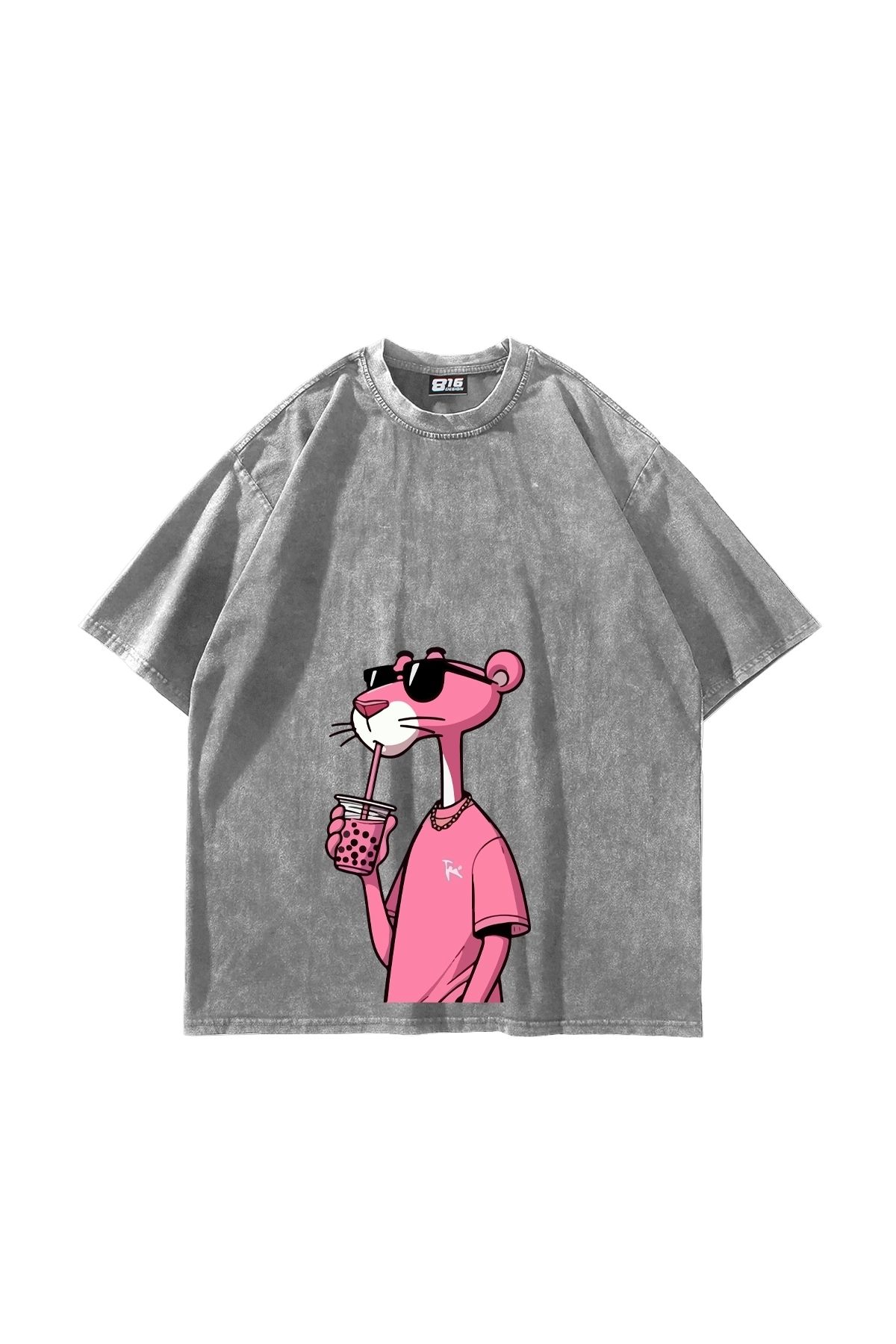 Sekizbiraltı Pink Pant Baskılı Oversize Unisex Yıkamalı Beyaz Tshirt