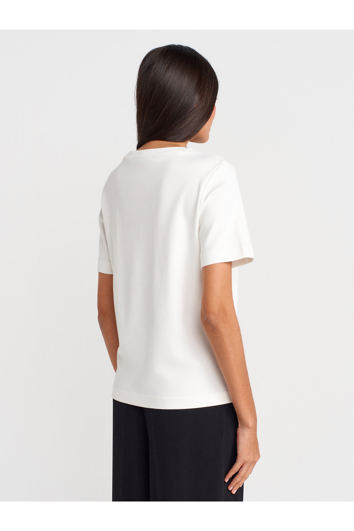 Dilvin 31763 %100 Pamuk Bisiklet Yaka T-shirt-Ekru görsel 2