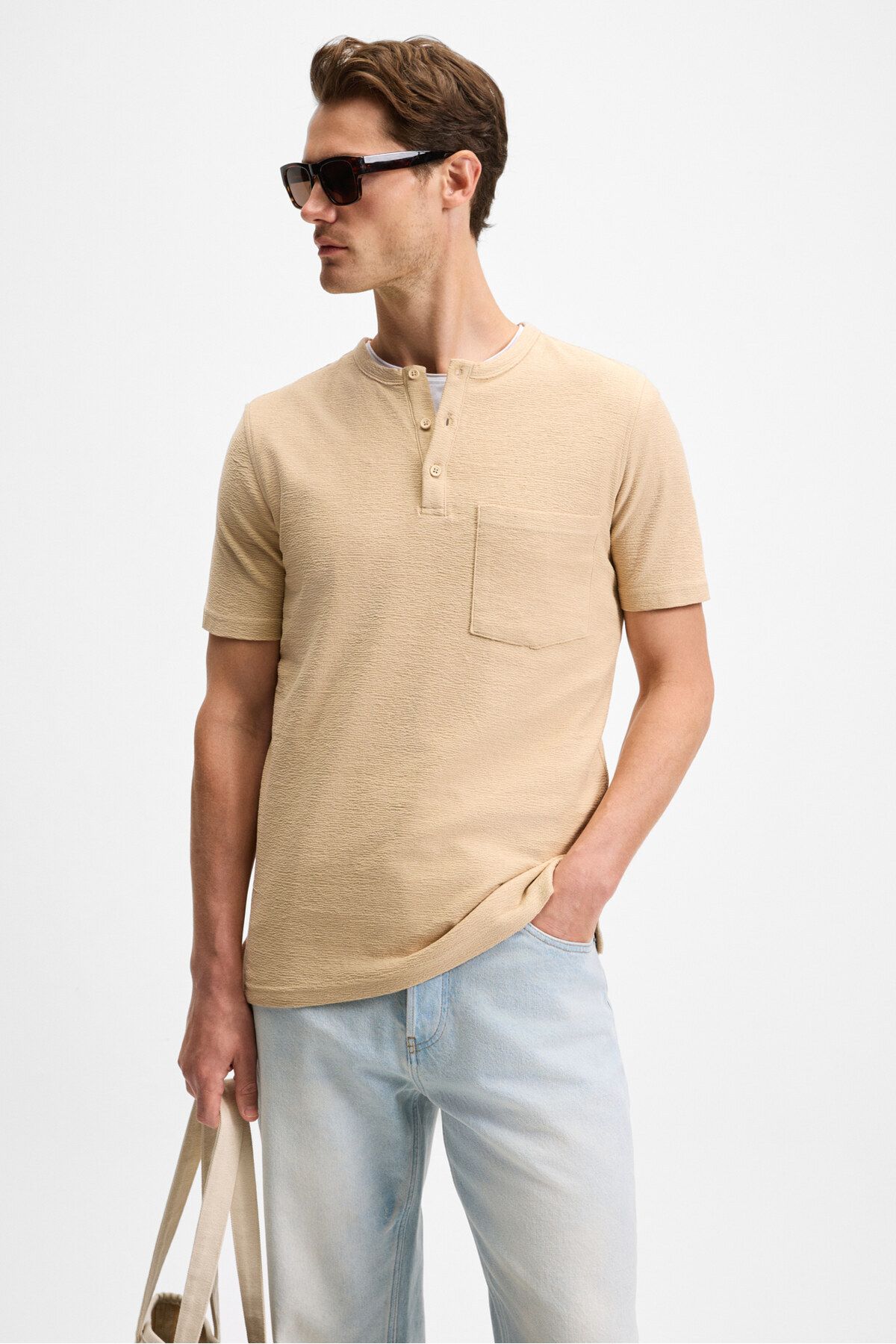 GRIMELANGE-Ermac Men's Judge Collar Buttoned Short Sleeve Beige T-Shirt 1