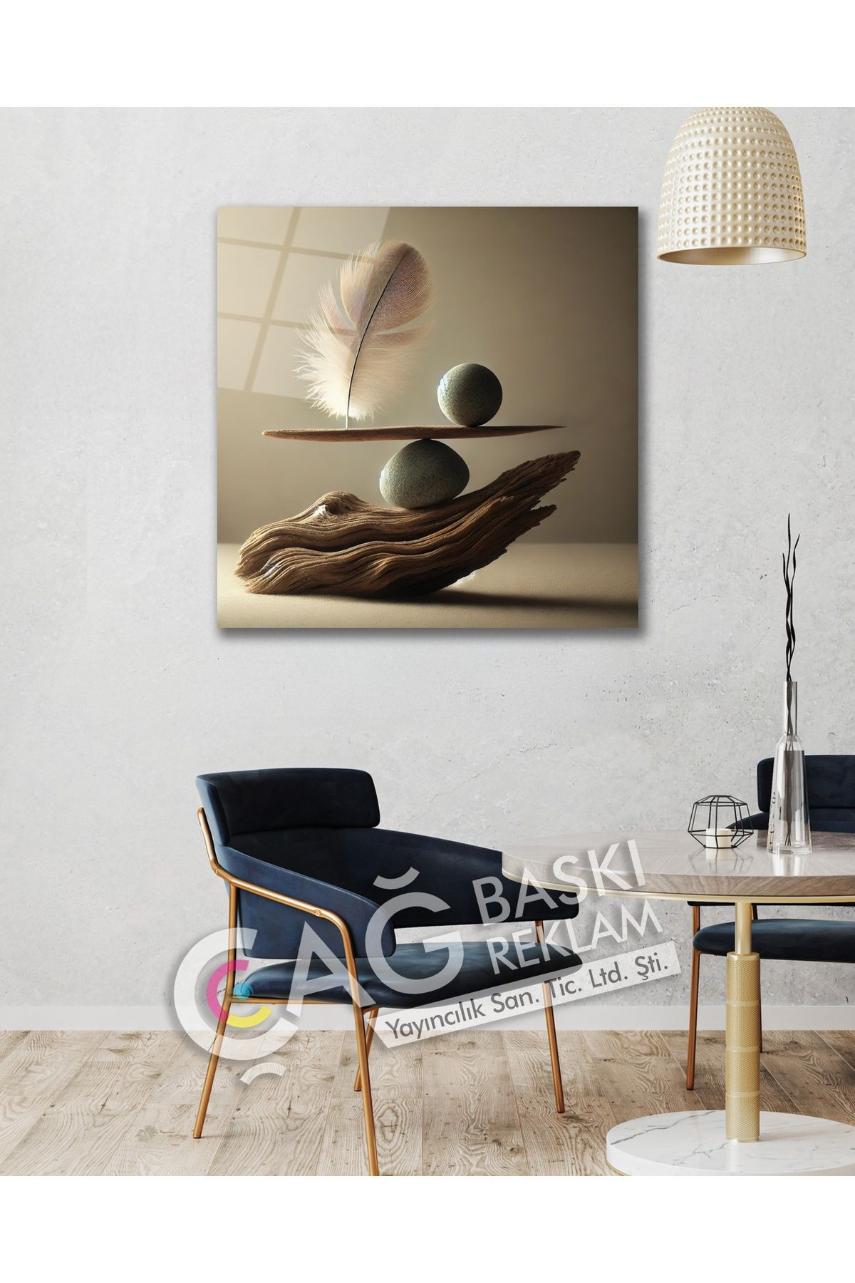Çağ Baskı Taş Tüy Denge Göz Alıcı Cam Tablo Modern Ev Ofis Oda Salon Duvar Dekoru Hediyelik