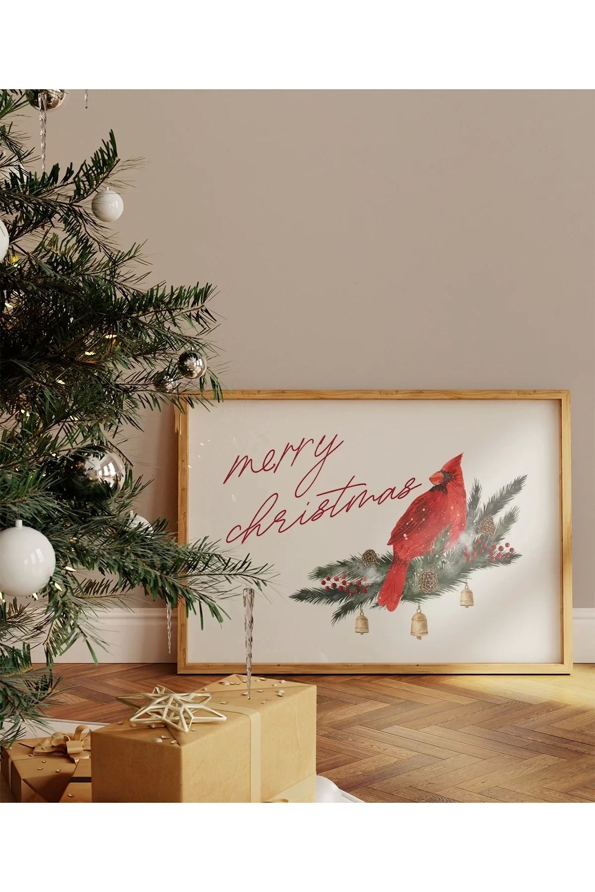 VOGLOO Çerçevesiz Poster Kırmızı Kardinal ve Yılbaşı Neşesi