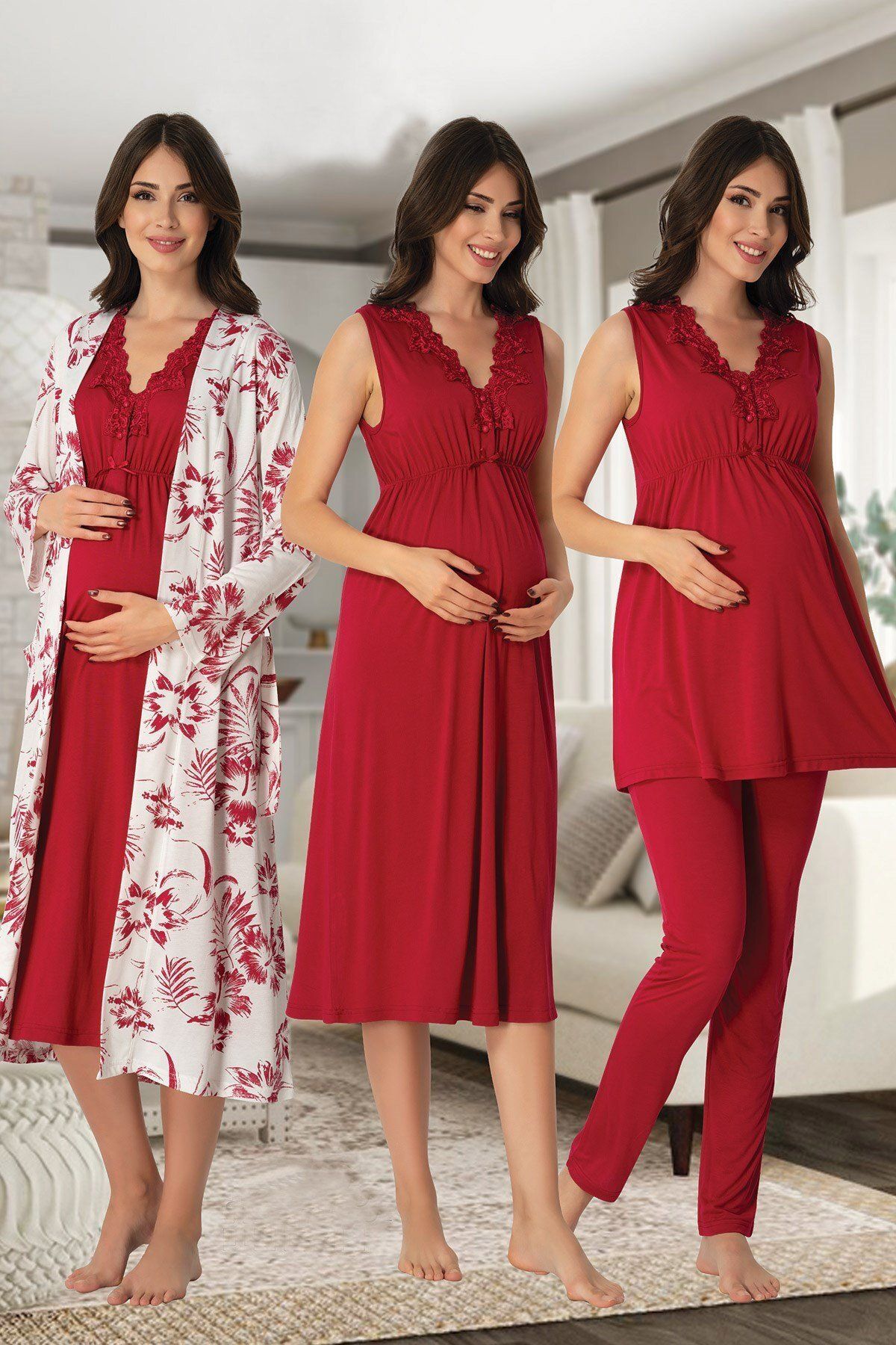 BLACKMORE Fuşya Dantel Tasarım Kalın Askılı Lohusa Hamile Gecelik-Sabahlık Pijama Takım 4'lü Set