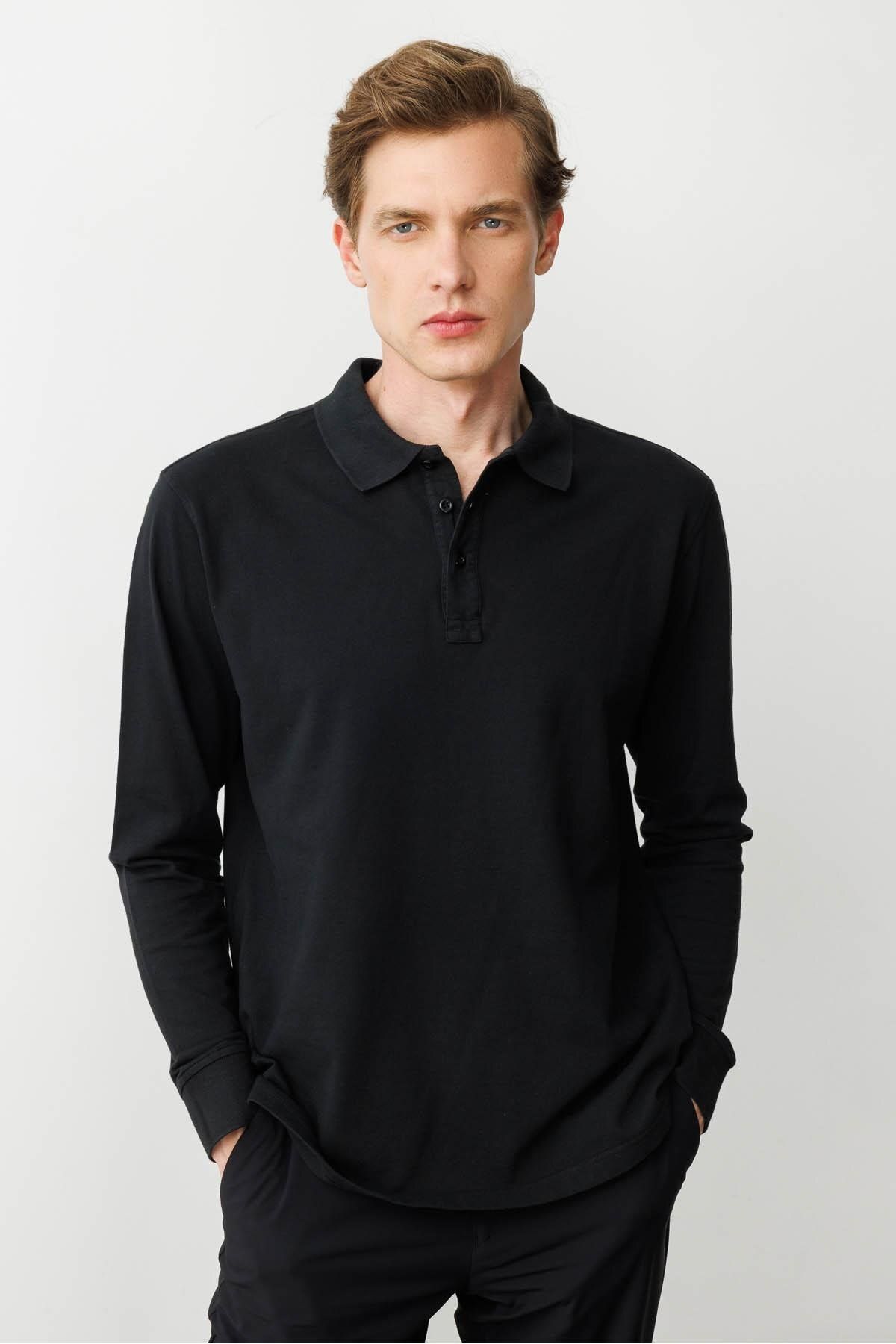 Desen Triko Erkek Polo Yaka Sweatshirt Siyah