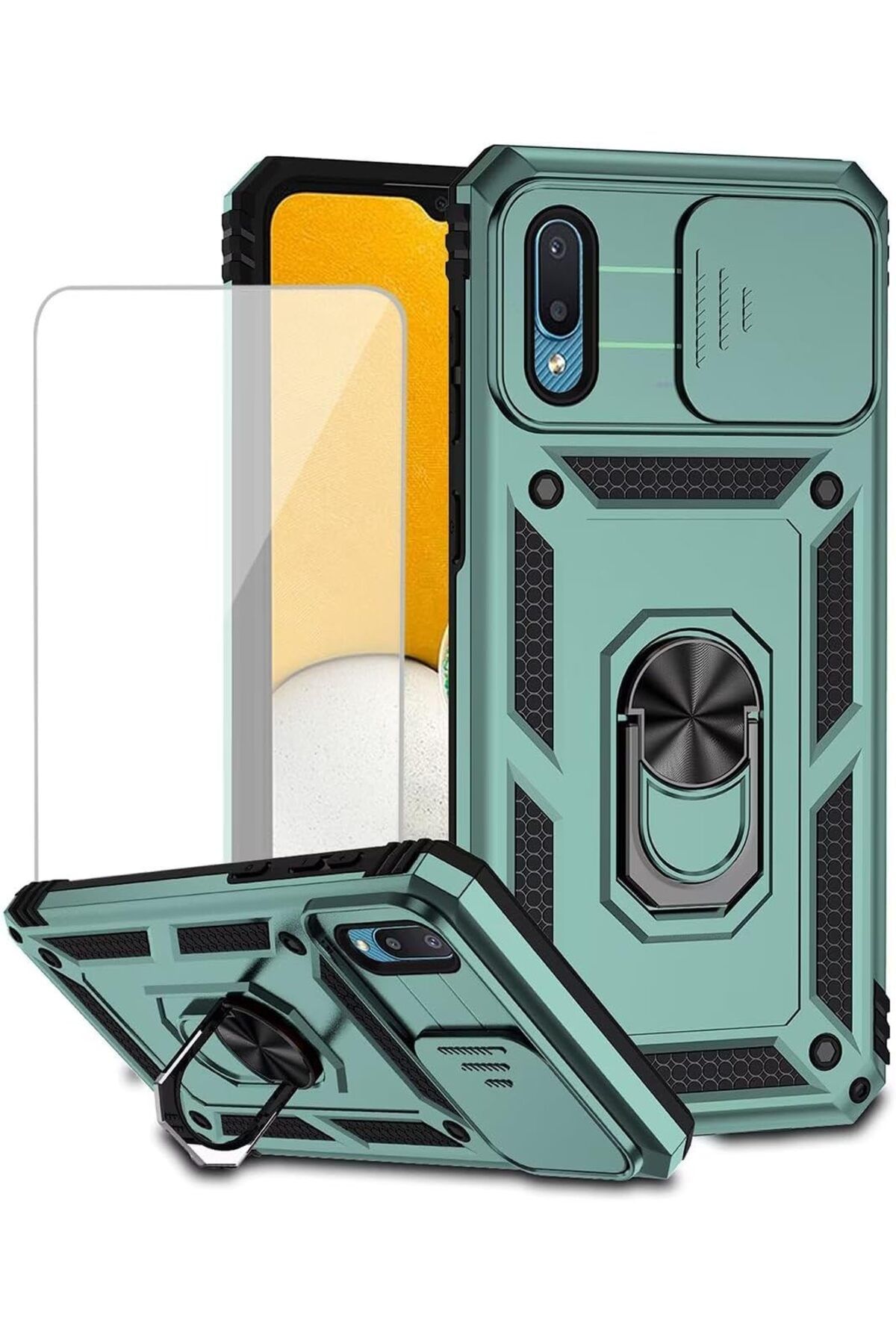 Rivor Samsung Galaxy A02 Kılıf Kamera Sürgülü Standlı Yüzüklü Darbe Emici Zırhlı Koruyucu Tank Kapak