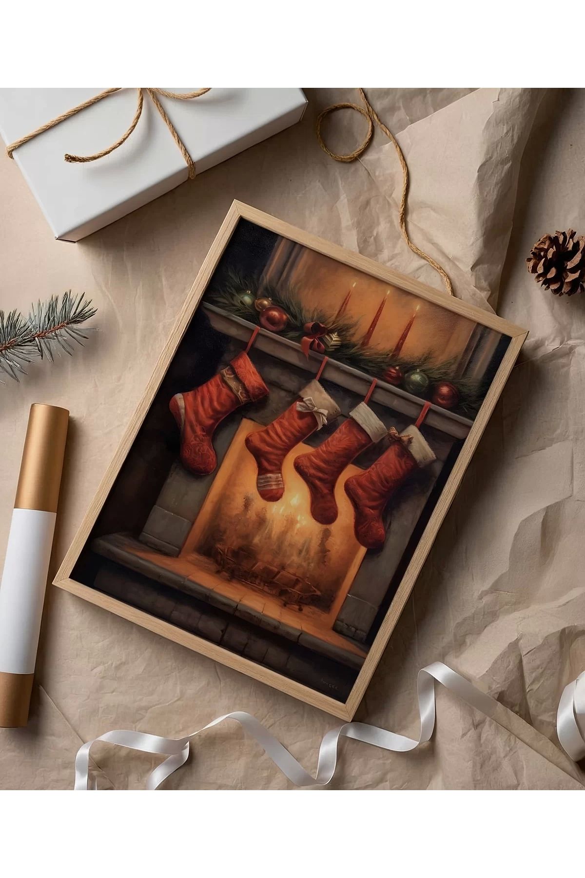VOGLOO Çerçevesiz Poster Şömine ve Noel Çorapları