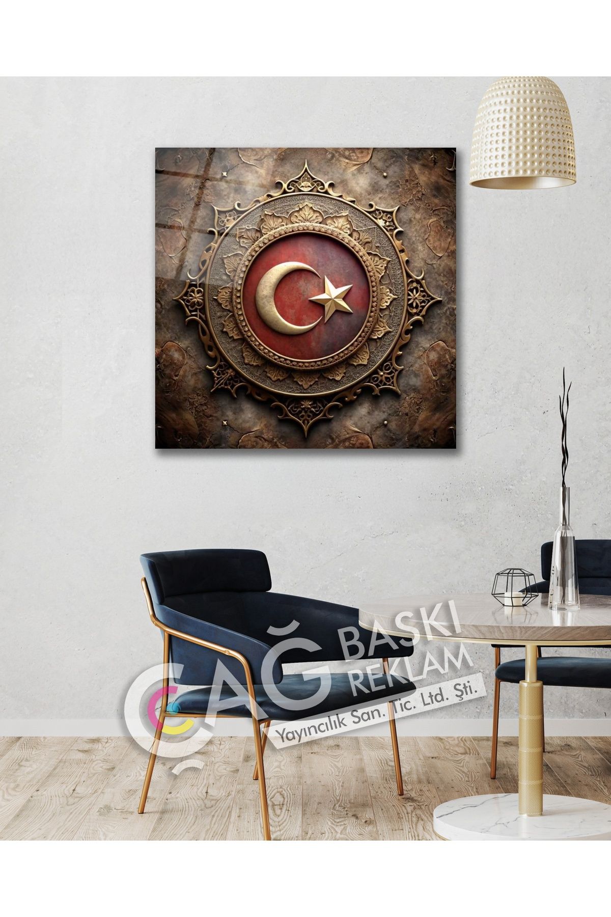 Çağ Baskı Türk Bayrağı Türkiye Bakır Bronz Görünüm Cam Tablo Modern Ev Ofis Oda Salon Dekoru Hediyelik
