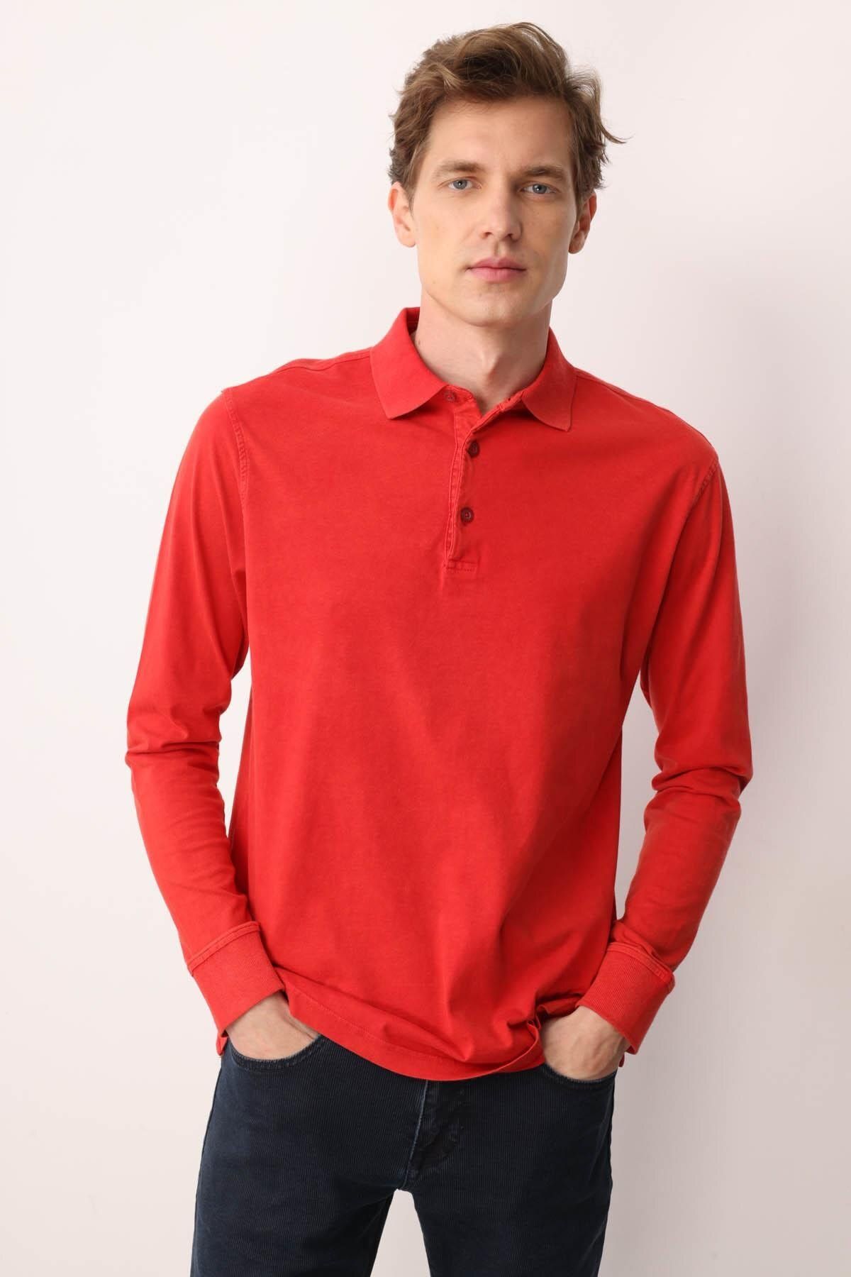 Desen Triko Erkek Polo Yaka Uzun Kollu Sweatshirt Kırmızı