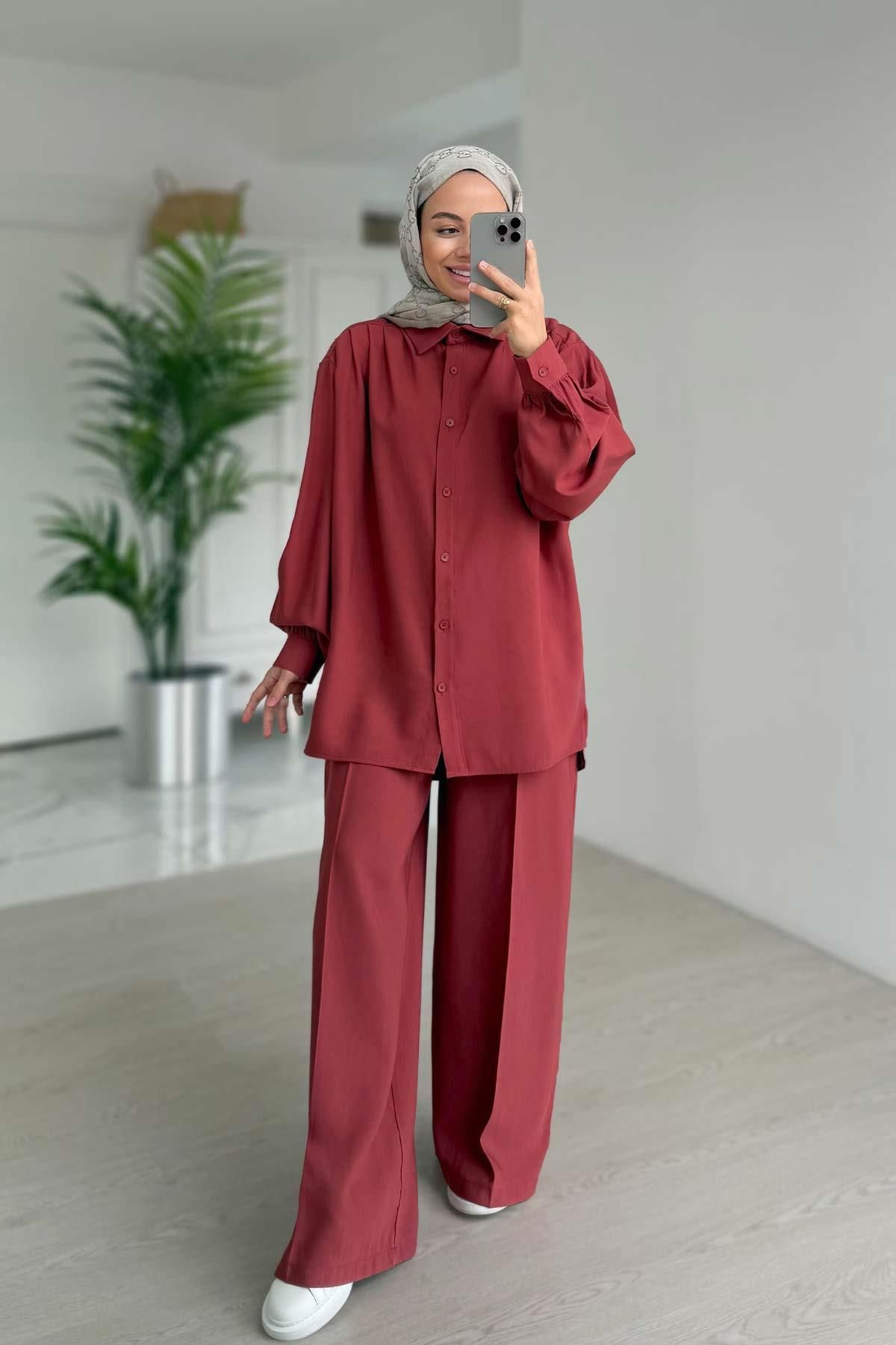 Ka Hijab Pile Detaylı İkili Takım - Kiremit
