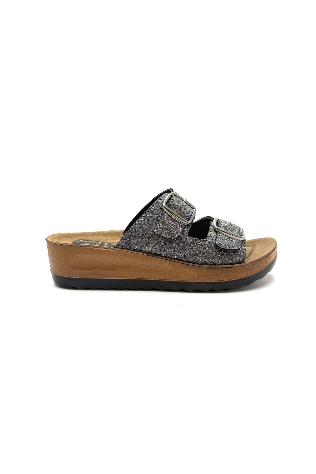 İYİSİNDEN SHOES Simli Tokalı Kadın Terlik çift tokalı Ortapedik kadın terlik