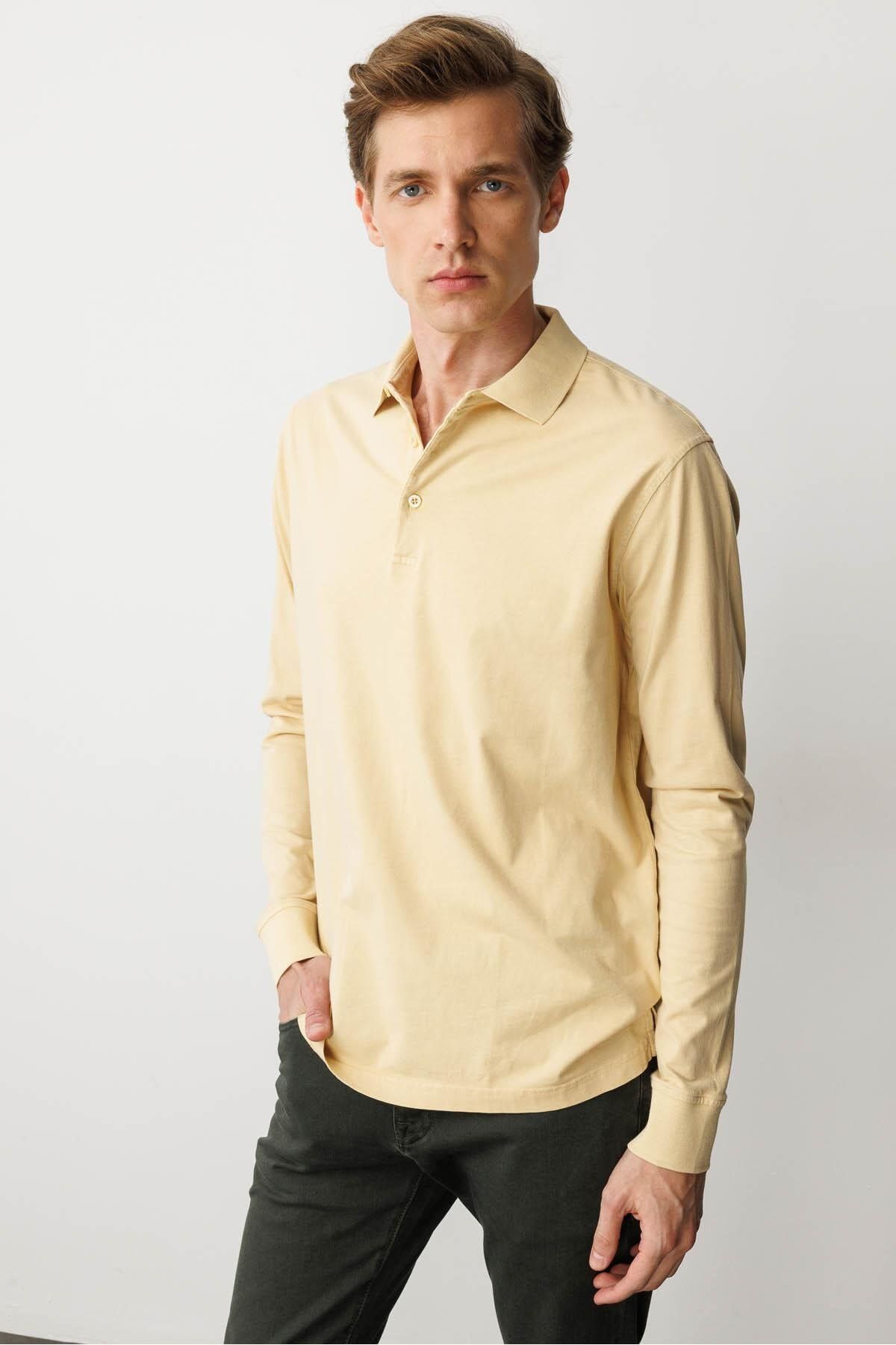 Desen Triko Erkek Polo Yaka Uzun Kollu Sweatshirt Sarı