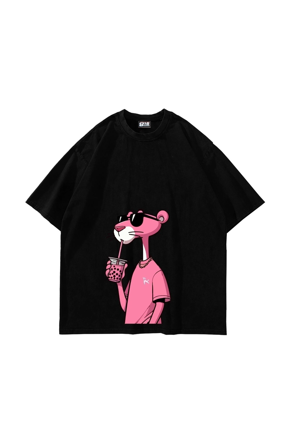 Sekizbiraltı Pink Pant Baskılı Oversize Unisex Siyah Tshirt