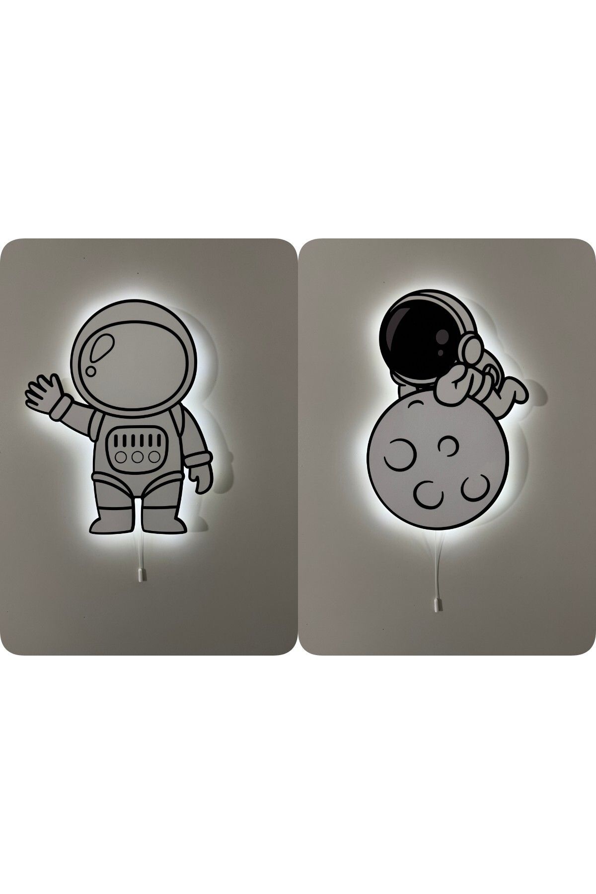UViolets Dekoratif Ahşap Baskılı Doodle Çizimli Dünya Tutan Astronotlar Çocuk Odası Gece Lambası (2'Lİ ÜRÜN)