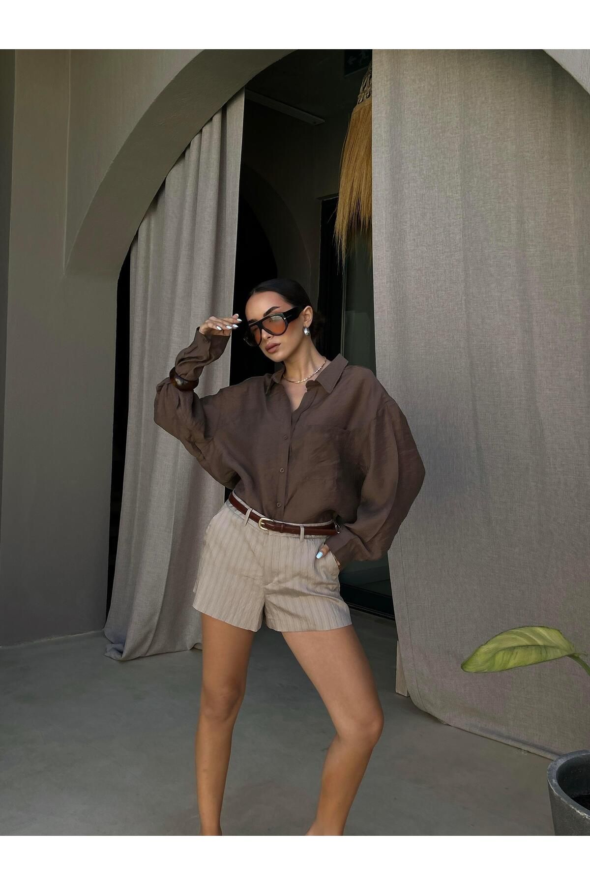 minaaise Kadın Kahve Modal Kumaş Oversize Gömlek 29181
