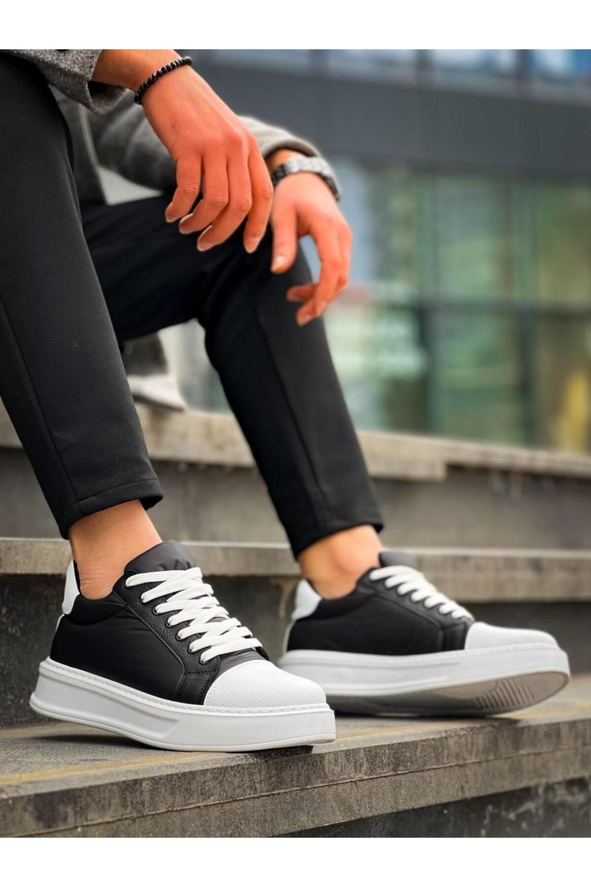 Byshoes KB-X46 Kuback Siyah Beyaz Yüksek Beyaz Taban Günlük Spor Ayakkabı
