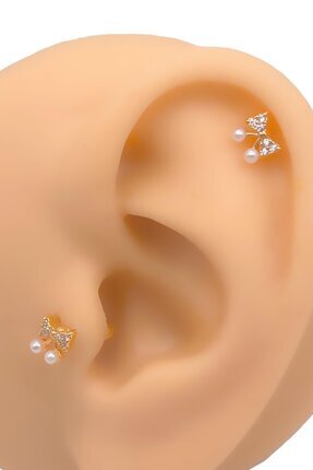 Trinos Cerrahi Çelik Piercing Zirkon Taşlı Fiyonk Figürlü Kıkırdak Helix Trag...