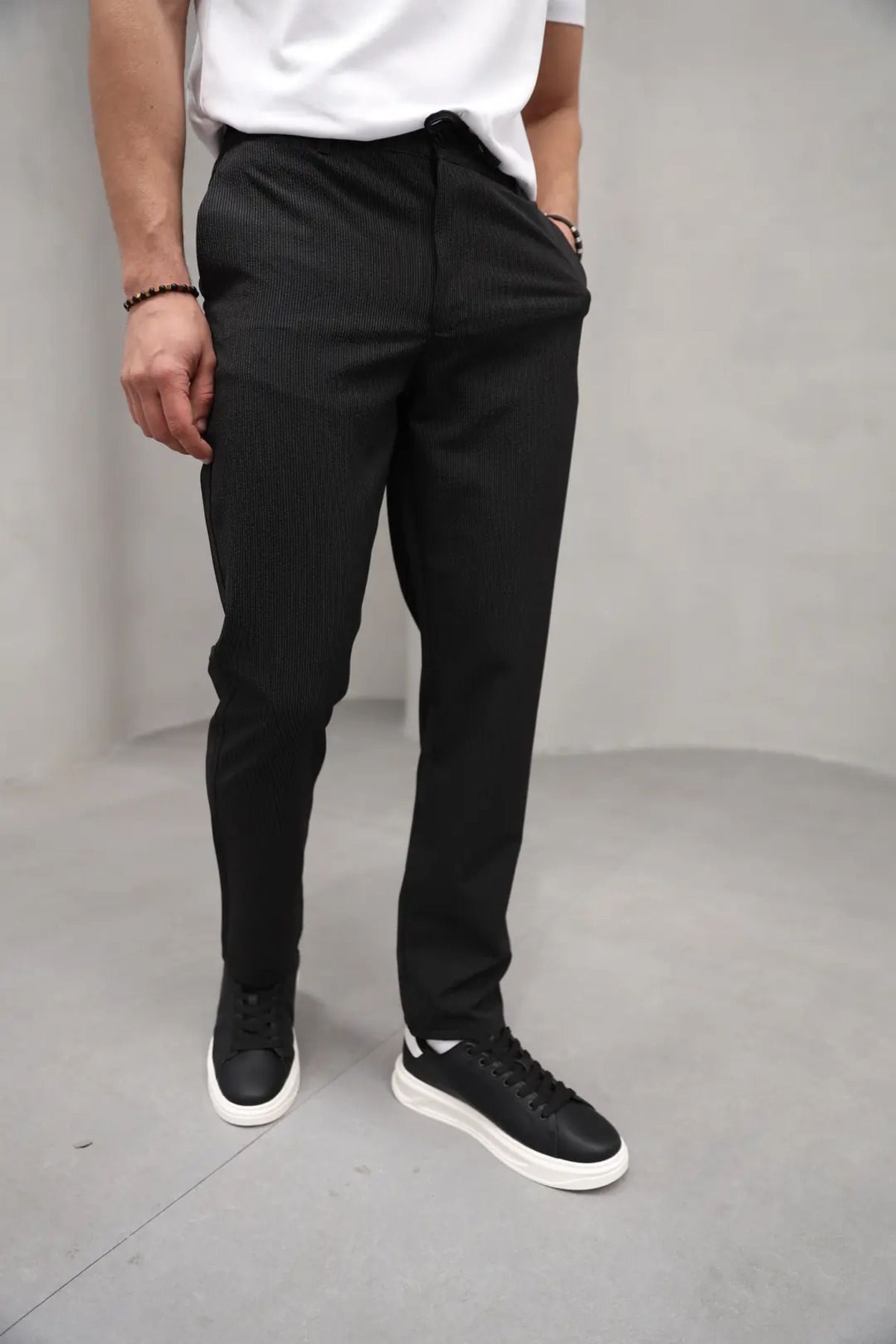 OHEPMODA Beli Lastikli İnce Çizgili Erkek Keten Pantolon