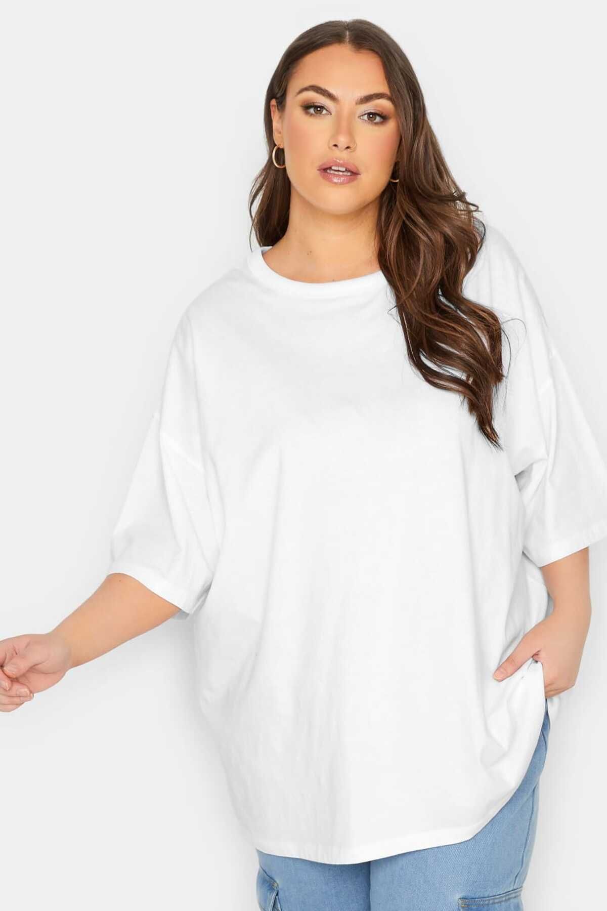 MADAM SHİLA Siyah Bisiklet Yaka Geniş Kesim Rahat Kol Kompakt Penye Büyük Beden Tshirt