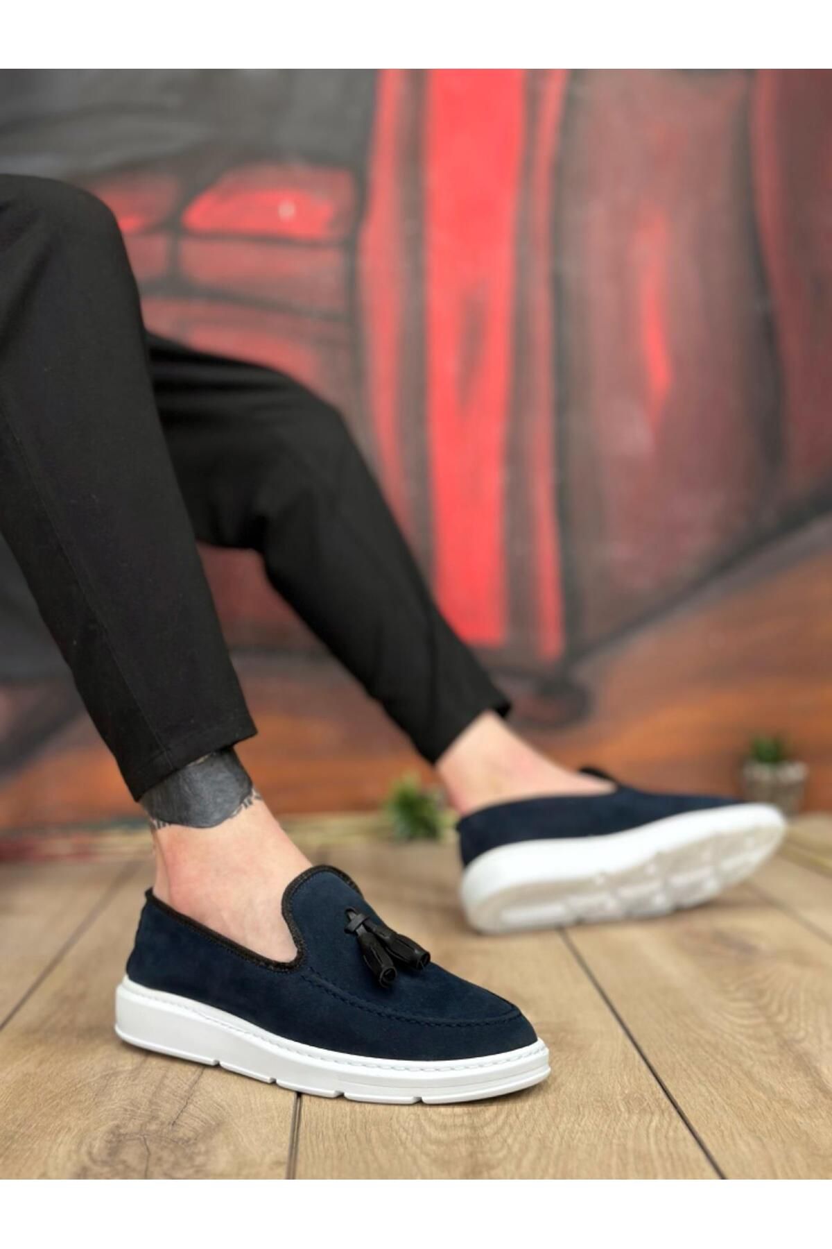Byshoes BA0005 Bağcıksız Yüksek Taban Lacivert Süet Klasik Püsküllü Corcik Erkek Ayakkabı