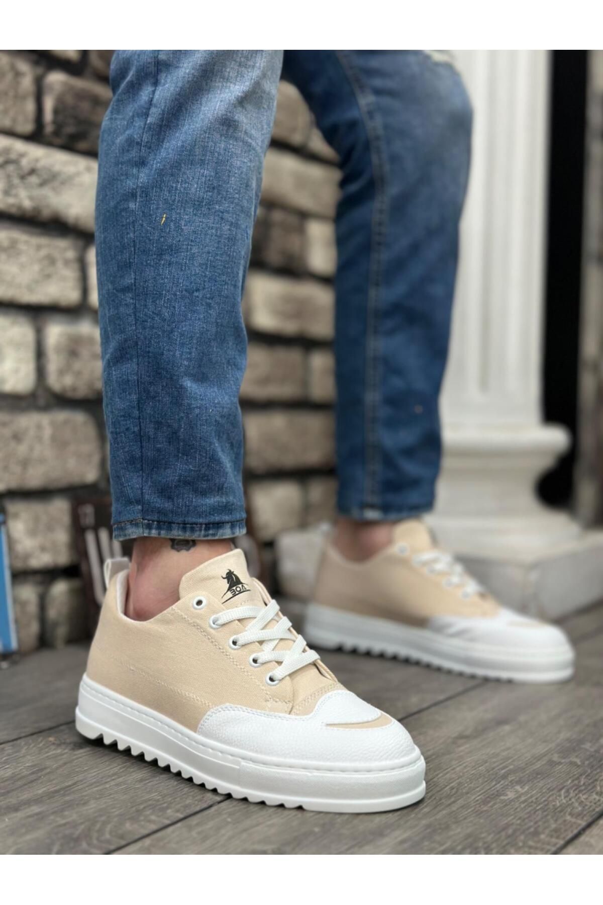 Byshoes BA0328 BOA Kalın Yüksek Taban Smile Desenli Krem Spor Erkek Ayakkabı
