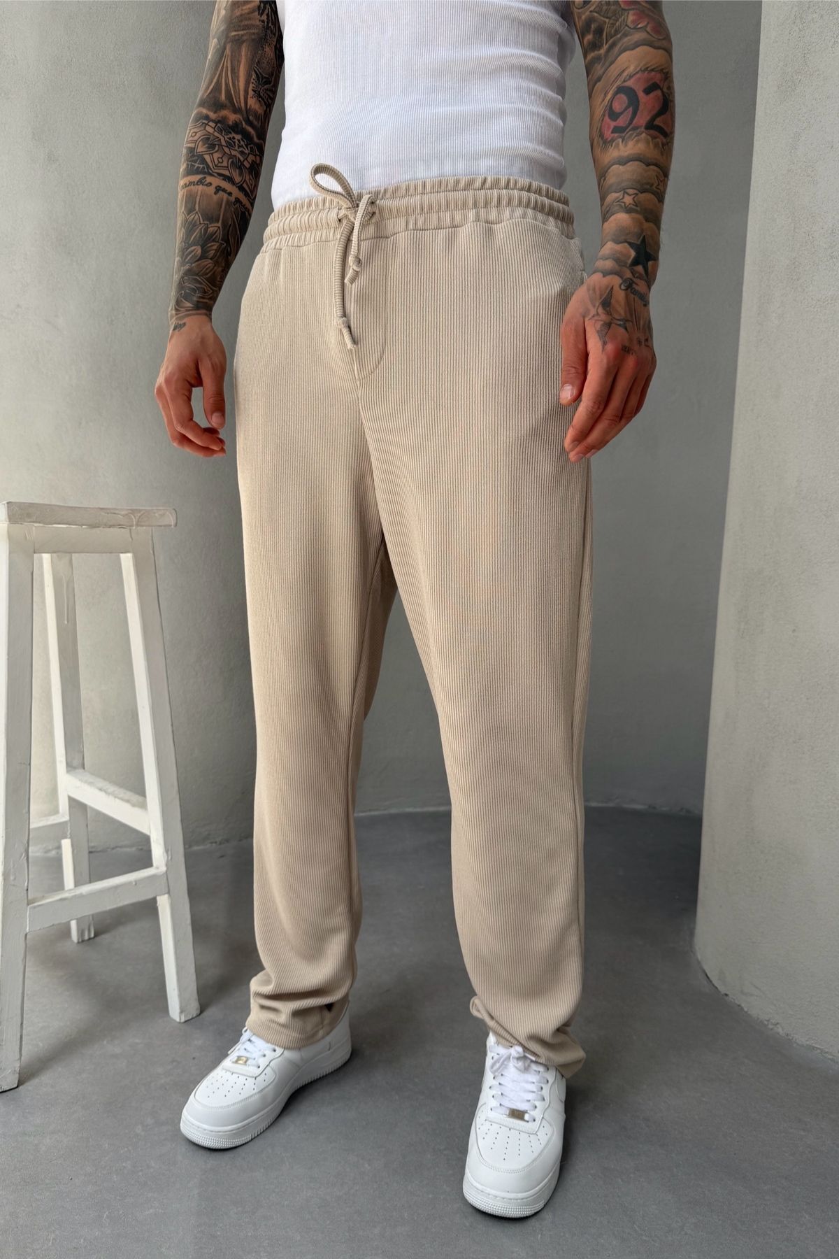 MADZEYMODA Baggy Bol Kalıp Likralı Erkek Fitilli Bej Jogger KE-5071