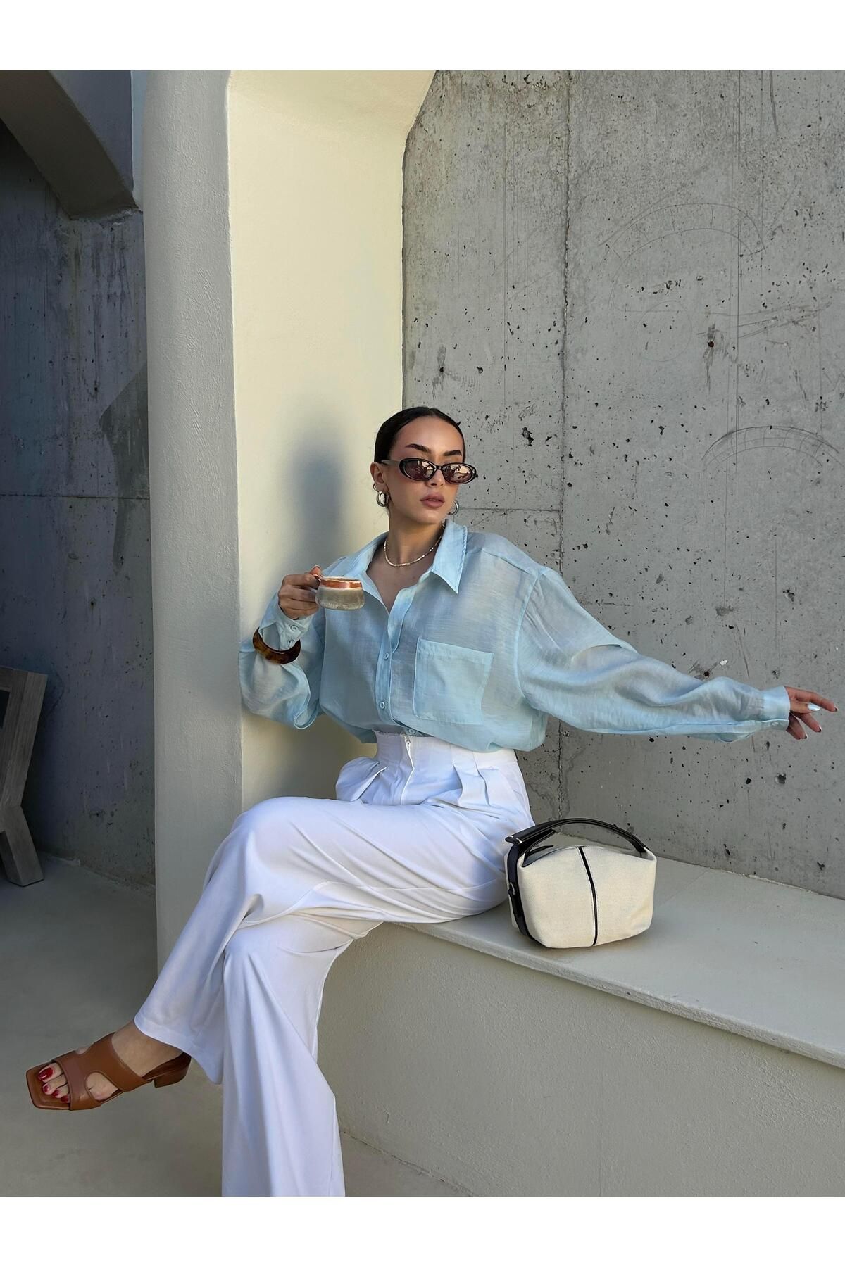minaaise Kadın Mavi Modal Kumaş Oversize Gömlek 29181